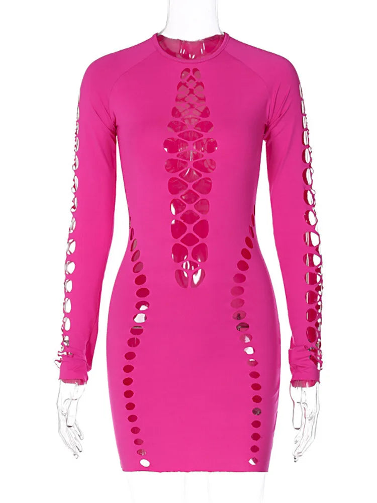 Black Hollow Out Sexy Mini Dress for Women - 2023 Spring New O-Neck Long Sleeve Bodycon Club Party Short Dress | Perfect for Night Out, Date Night, and Special Occasions