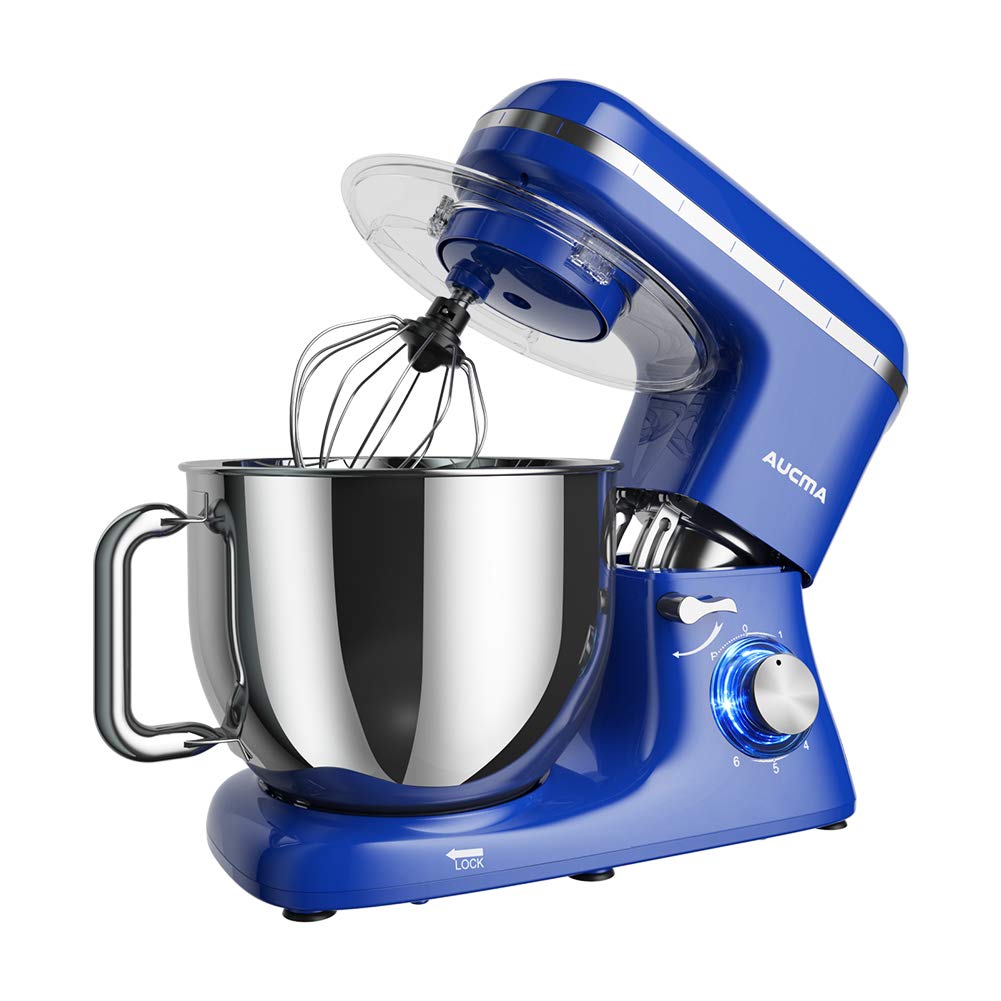 Aucma 7.4QT 6-Speed Tilt-Head Stand Mixer - Electric Kitchen Mixer with Dough Hook, Wire Whip & Beater (Royal Blue) - Perfect for Baking Cakes, Cookies, Bread & More