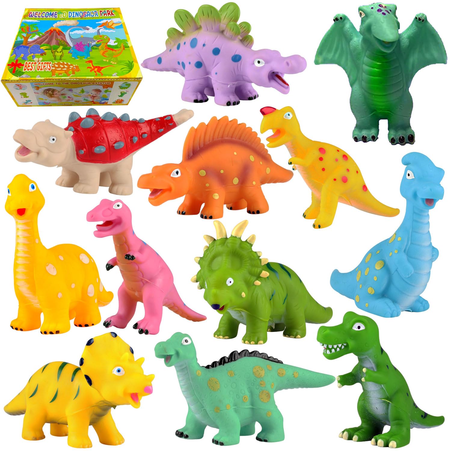 12 PCS Non-Toxic Baby Dinosaur Bath Toys for Toddlers 1-5 Years - Mold Free Rubber Dino Bathtub & Pool Toys Set - Perfect for Kids Bath Time, Baby Showers, Birthday Gifts & Sensory Play (No Hole Design)