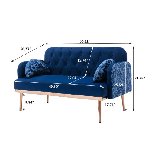 55-Inch Small Velvet Loveseat Sofa with Golden Metal Legs & Tufted Backrest - Modern Twin Size Accent Couch with 2 Elegant Moon Shape Pillows - Navy Blue Velvet Sofa for Living Room, Bedroom or Office Lounge