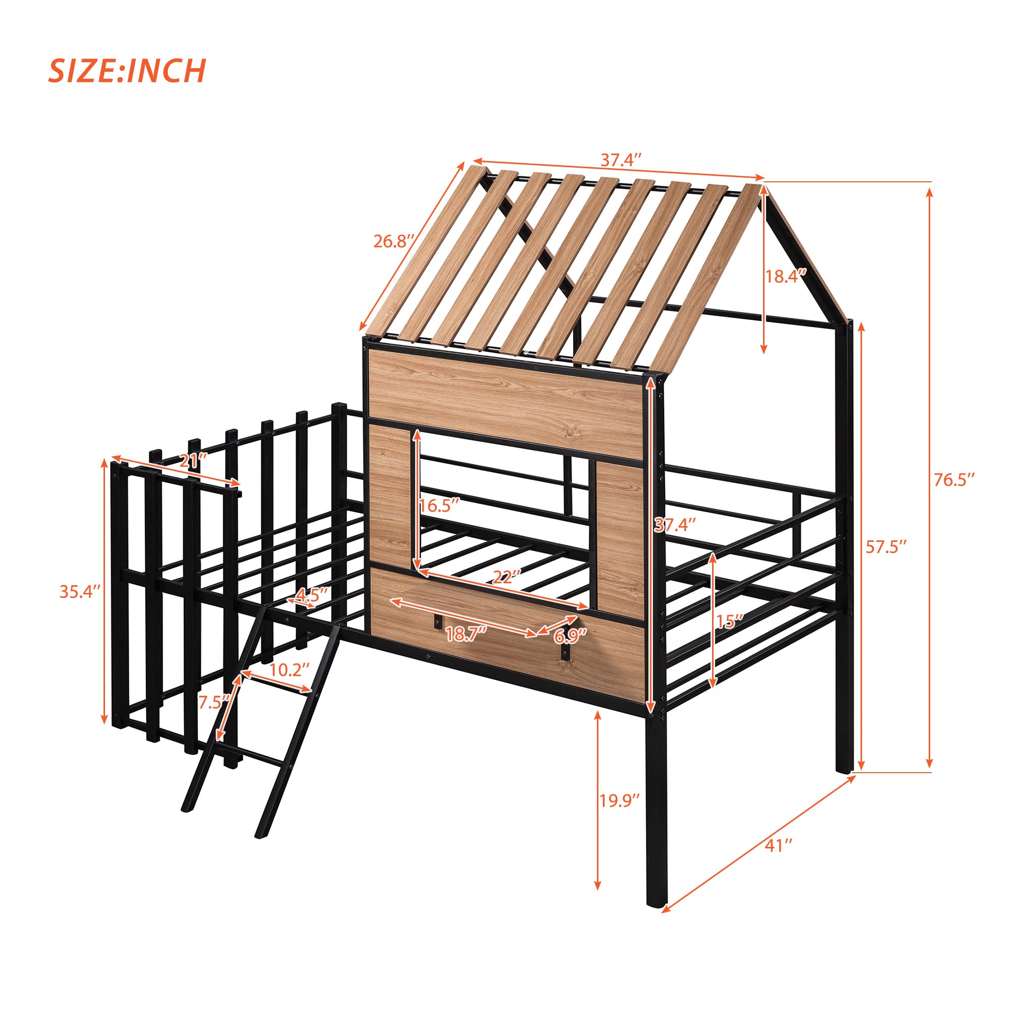 Knocbel Metal Twin Size Low Loft Bed with Roof - Kids House Bed Frame with Window, Guardrail & Ladder - Sturdy 14-Slat Platform Design (300lbs Capacity, Black) - Perfect for Small Bedrooms, Playrooms & Kids' Dream Spaces