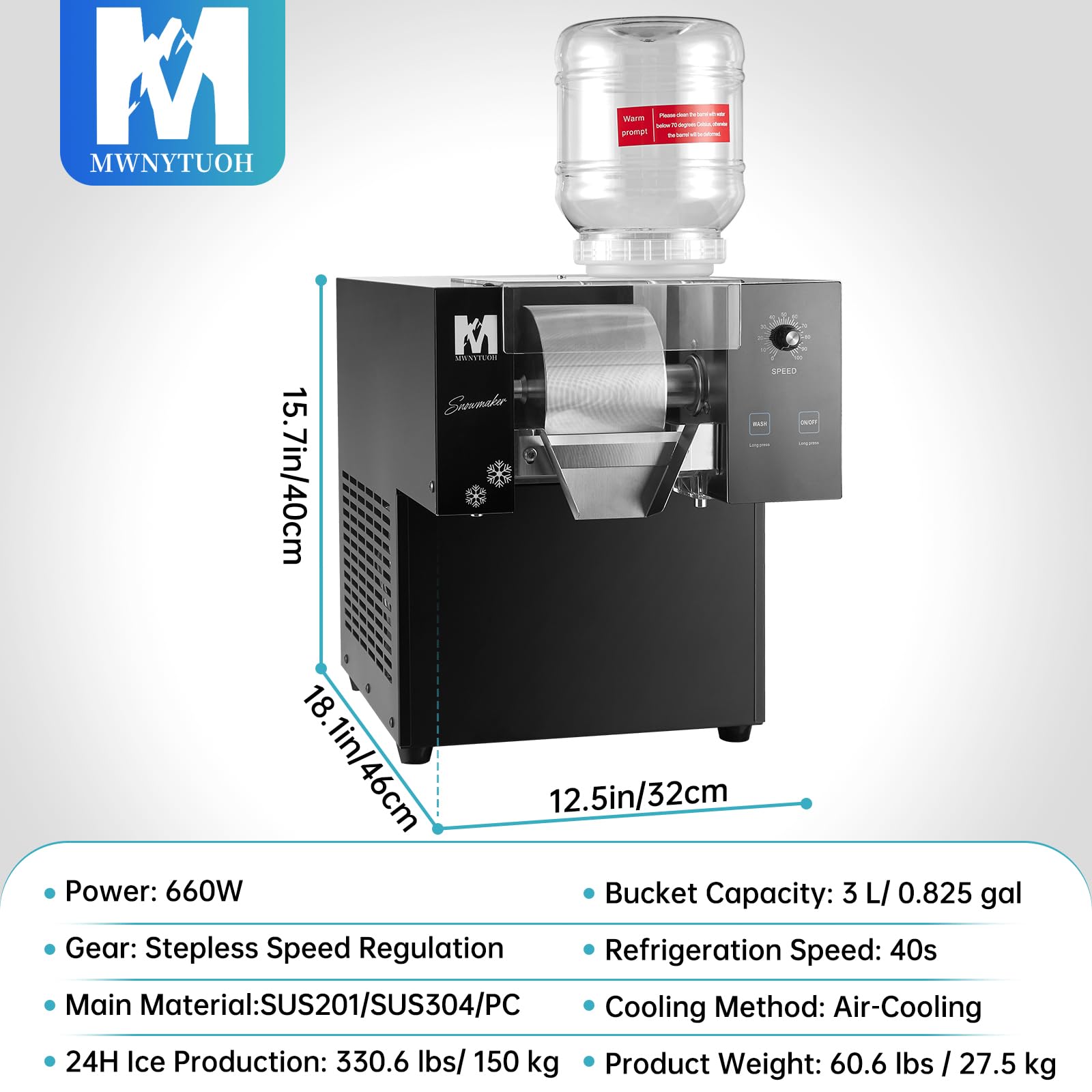 **330LBS/24H Commercial Snowflake Ice Maker Machine - 660W Fast Cooling Stainless Steel Shaved Ice Maker for Desserts, Ice Cream, Bubble Tea, Slushies - Perfect for Parties, Cafes, Bars & Restaurants**