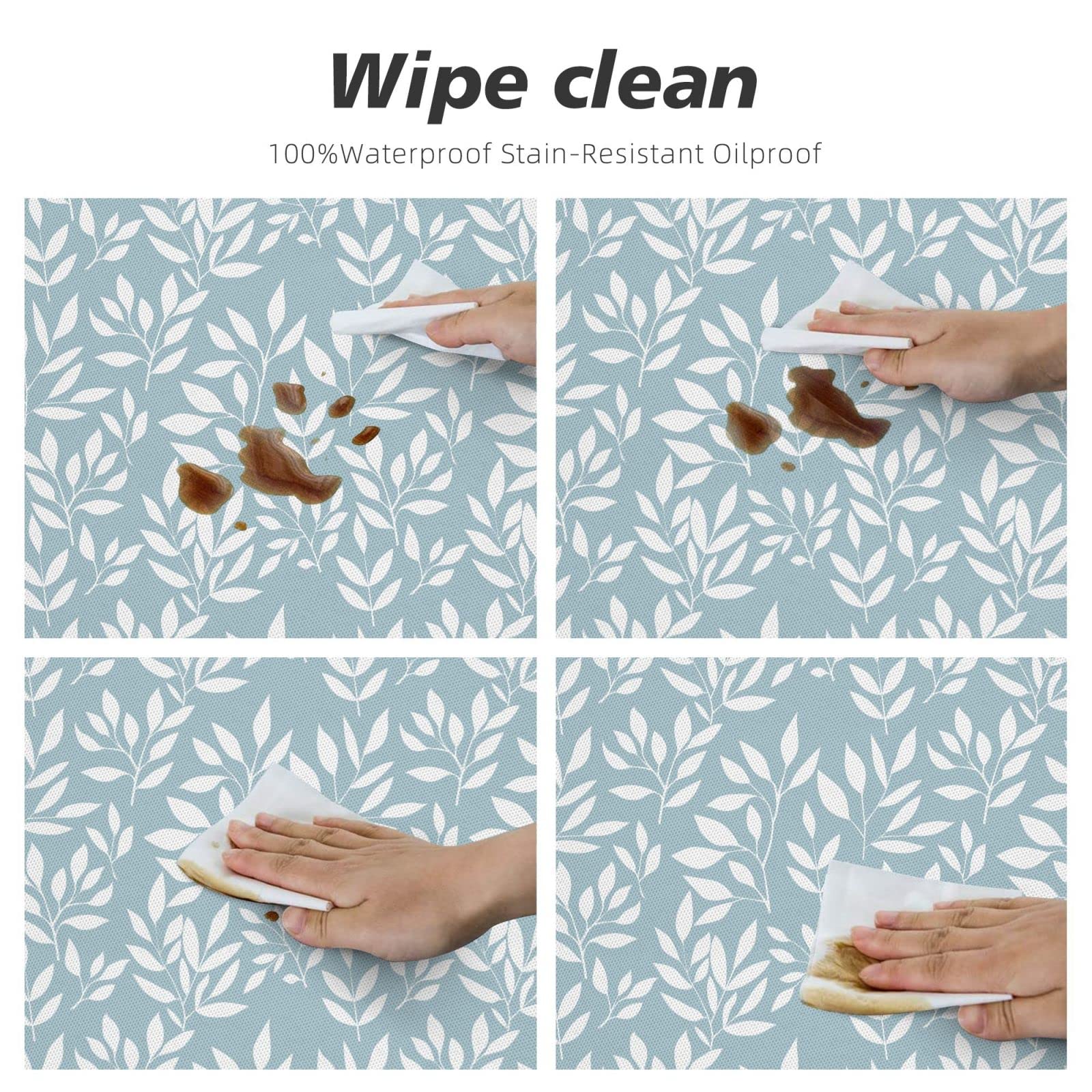 Waterproof Wipeable Elastic Edged Round Fitted Tablecloth - White Leaves Blue Design for 40