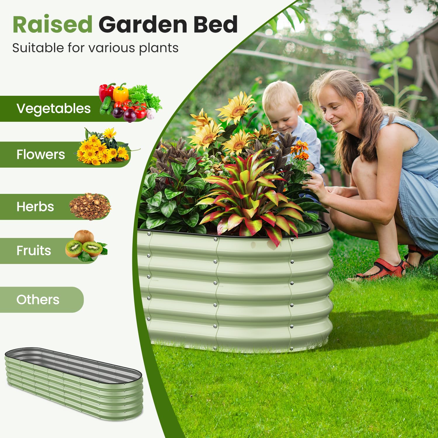 Galvanized Raised Garden Bed Kit - 8x2x1.5 FT Oval Metal Planter Box for Vegetables, Flowers & Herbs (Sage Green) | Outdoor Gardening Solution for Backyard, Patio & Urban Farming