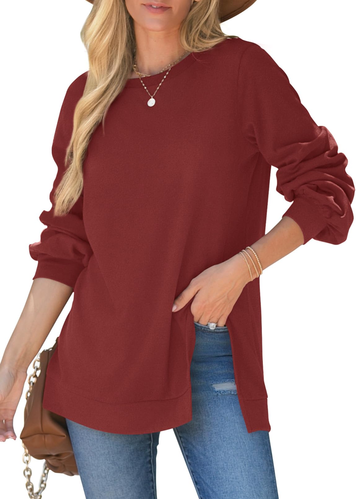WIHOLL Women's Crew Neck Balloon Sleeve Split Hem Sweatshirt - Stylish Casual & Dressy Tops for Fall, Winter, Office Wear & Weekend Outfits