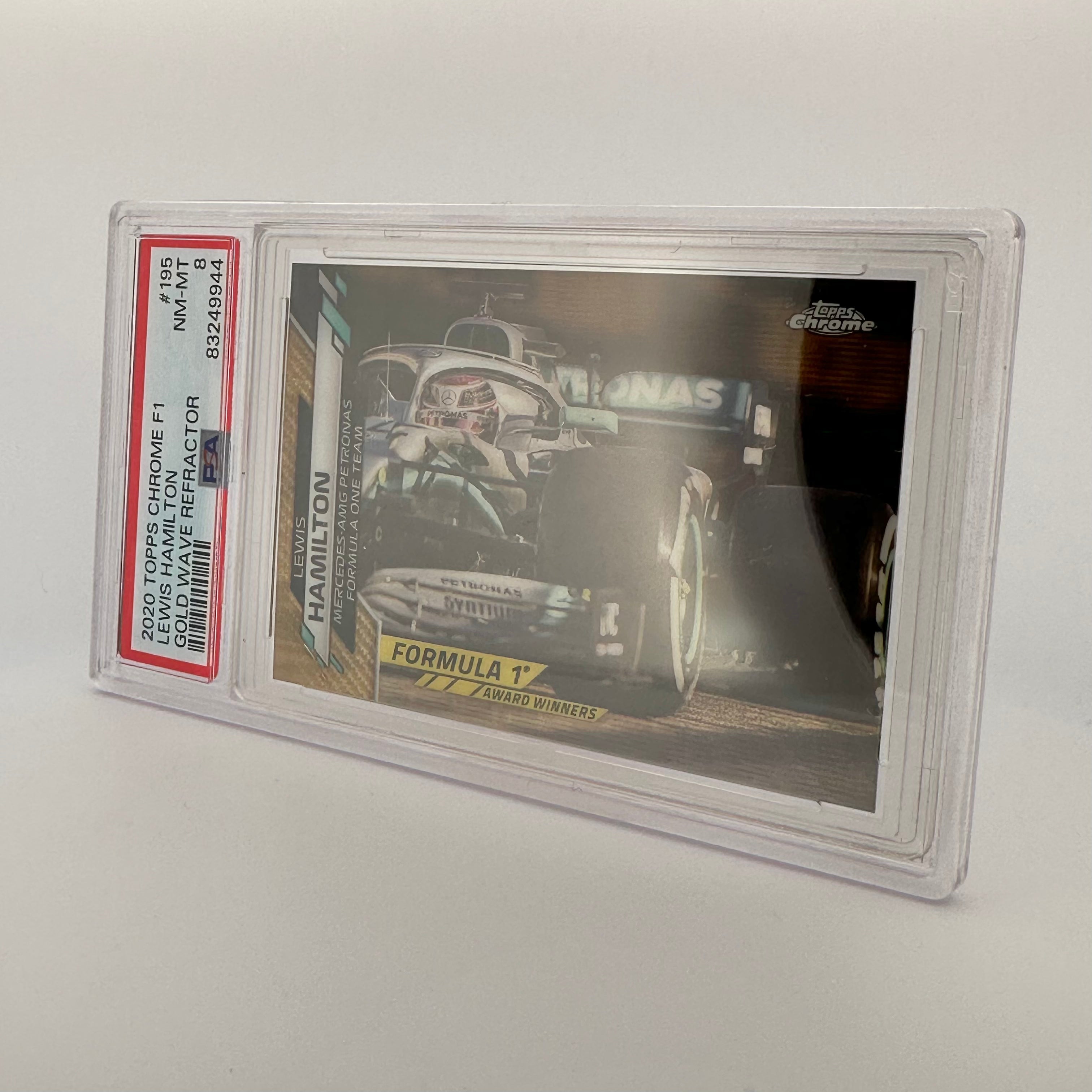 PSA 8 Lewis Hamilton #195 38/50 Gold Wave Refractor - Rare F1 Racing Trading Card for Collectors & Investors, Perfect for Display & Portfolio Diversification