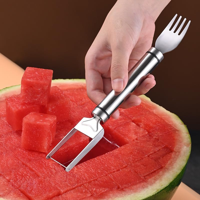 2 in 1 Stainless Steel Watermelon Fork Slicer & Fruit Knife - Durable Kitchen Tool for Easy Watermelon & Fruit Cutting - Perfect for BBQs, Picnics, and Summer Parties (Metallic Silver)