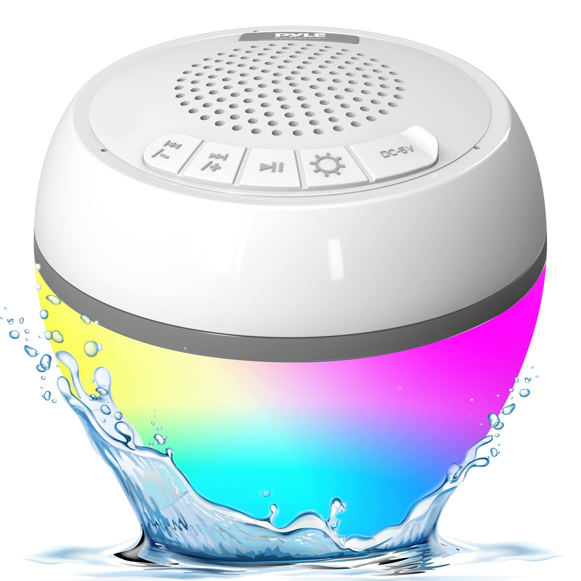 PyleUsa IP68 Waterproof Floating Bluetooth Speaker with LED Lights, Portable Wireless Pool Speaker with Stereo Surround Sound, USB Rechargeable, 50 ft Range, Perfect for Pool, Beach, Shower, Hot Tub, Travel, and Outdoor Parties