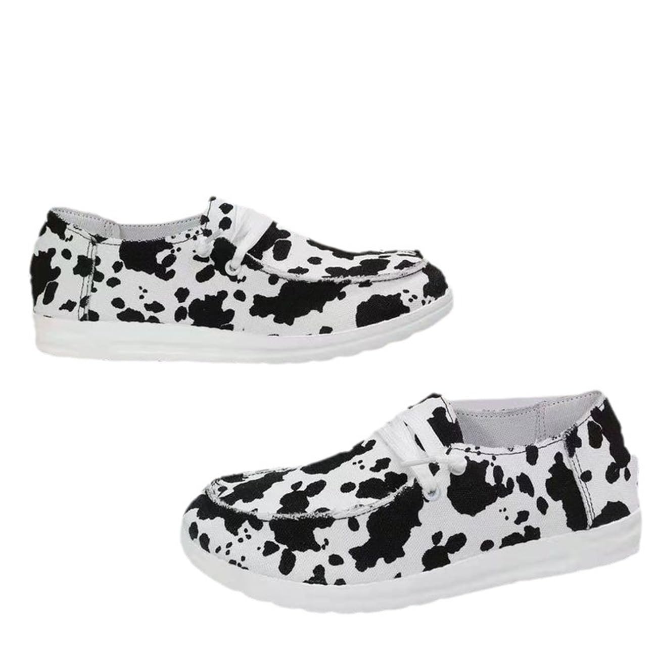 Women's Cow Print Sneakers - Denim Canvas Slip-On Loafers with Leopard Design | Comfortable Casual Walking Shoes for Women | Perfect for Outdoor Activities, Work & Everyday Wear
