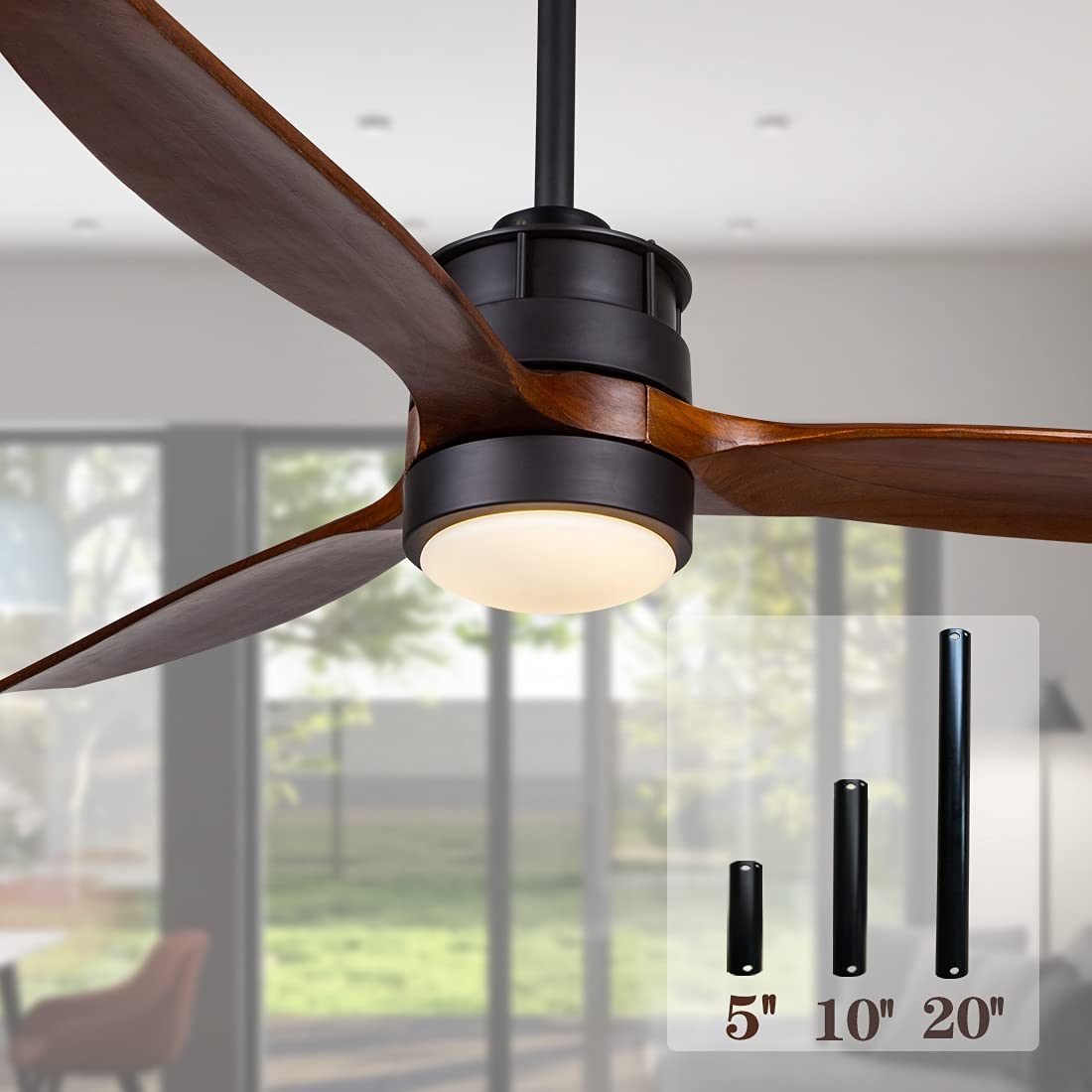 EKIZNSN 50 Inch 3 Blade Wood Ceiling Fan with Light Kit, Indoor Outdoor Reversible Motor for Bedroom, Living Room, Farmhouse, Patio - Includes 3 Downrods (Perfect for Cooling and Decorating Home Spaces)