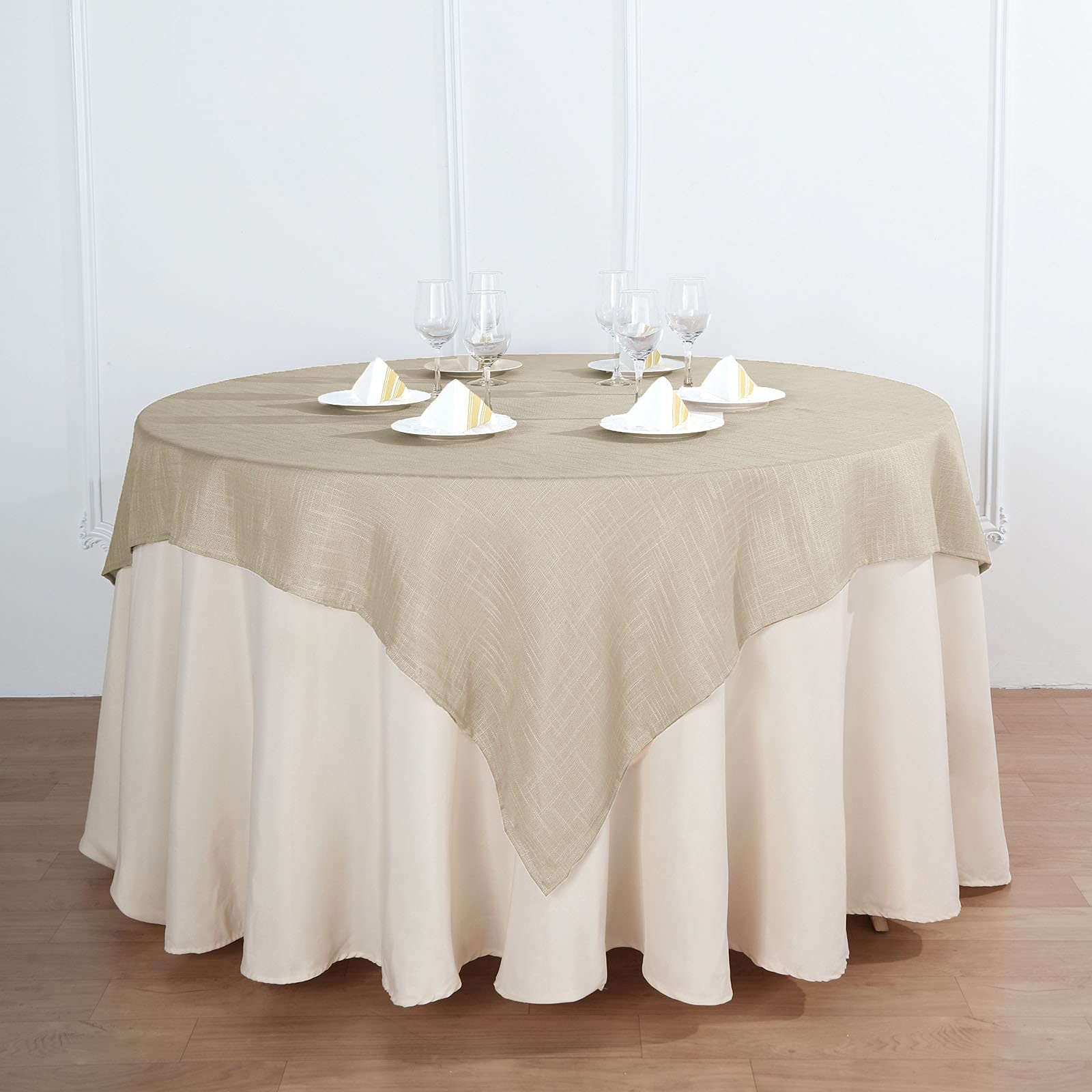 Premium Faux Linen Square Tablecloth - Wrinkle Resistant Beige Slubby Textured Weave for Kitchen, Restaurant, Indoor, Outdoor & Picnic - 72