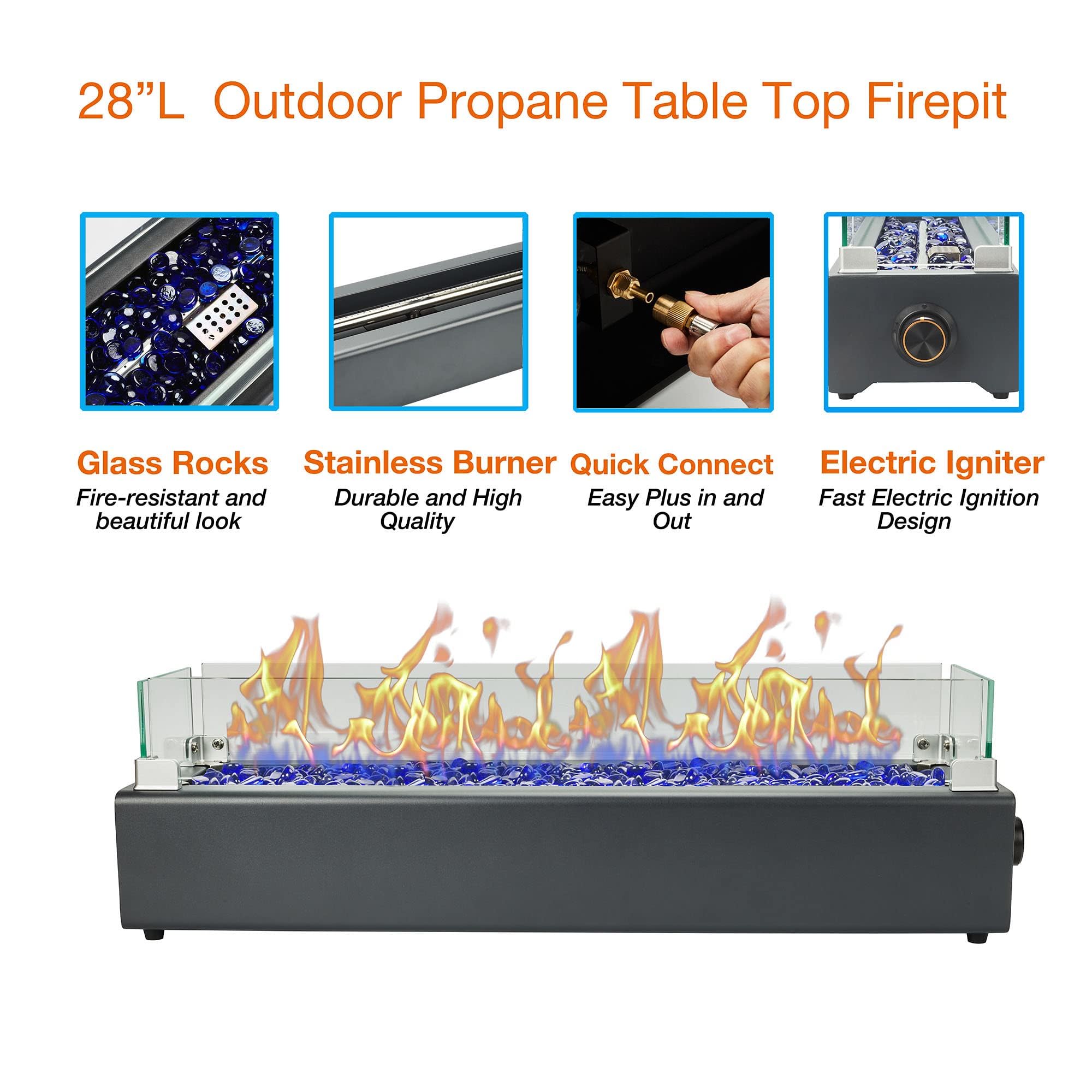 28-Inch Tabletop Propane Fire Pit - 40,000 BTU Outdoor Portable Fireplace with Windproof Glass Shield & Decorative Glass Rocks, Carbon Gray - Perfect for Patio, Deck, Backyard, and Camping Gatherings