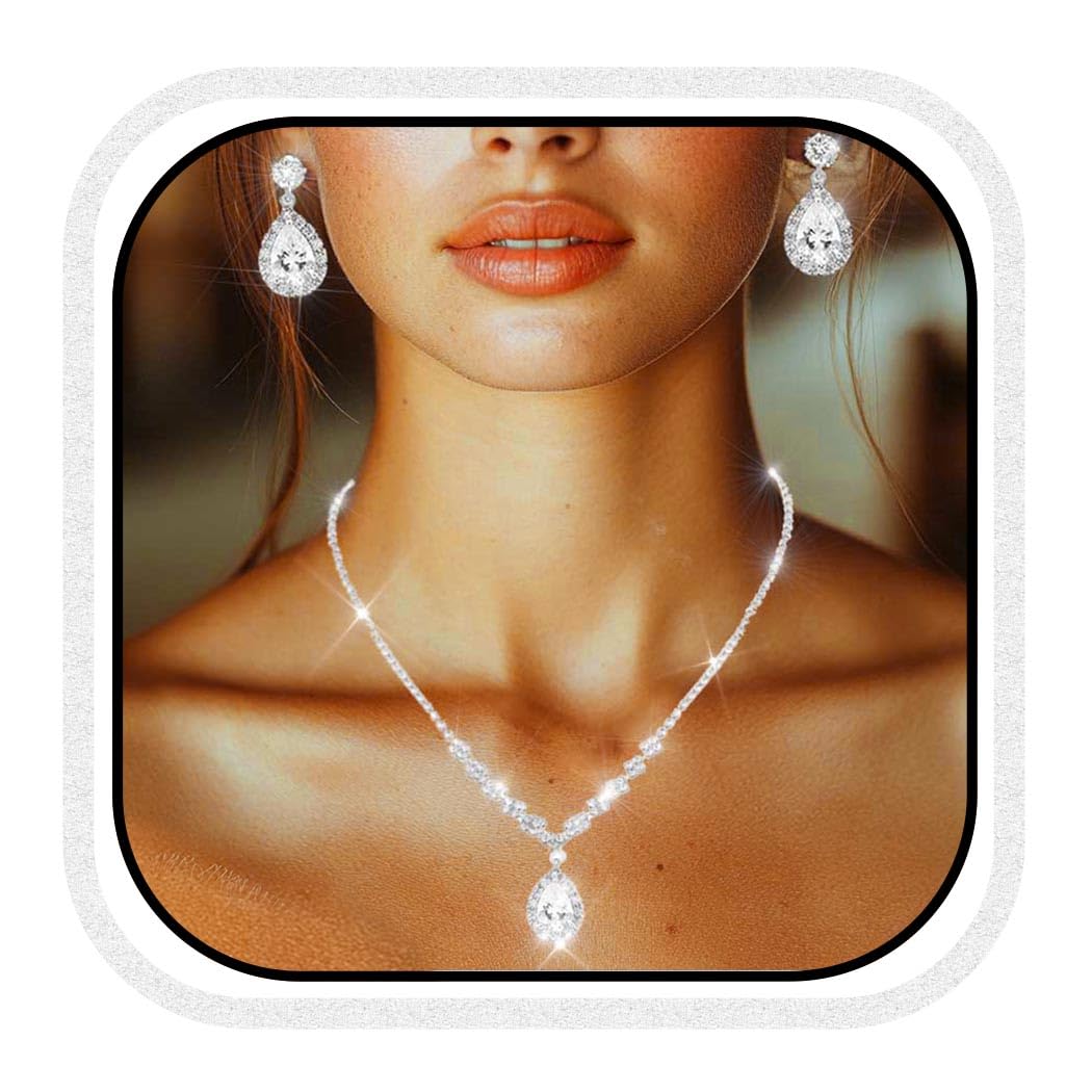 Yean Bride Sterling Silver Bridal Necklace & Earrings Set - Crystal Wedding Jewelry with Rhinestone Choker for Women & Girls (3-Piece Set) - Perfect for Weddings, Prom, Anniversary & Special Occasions