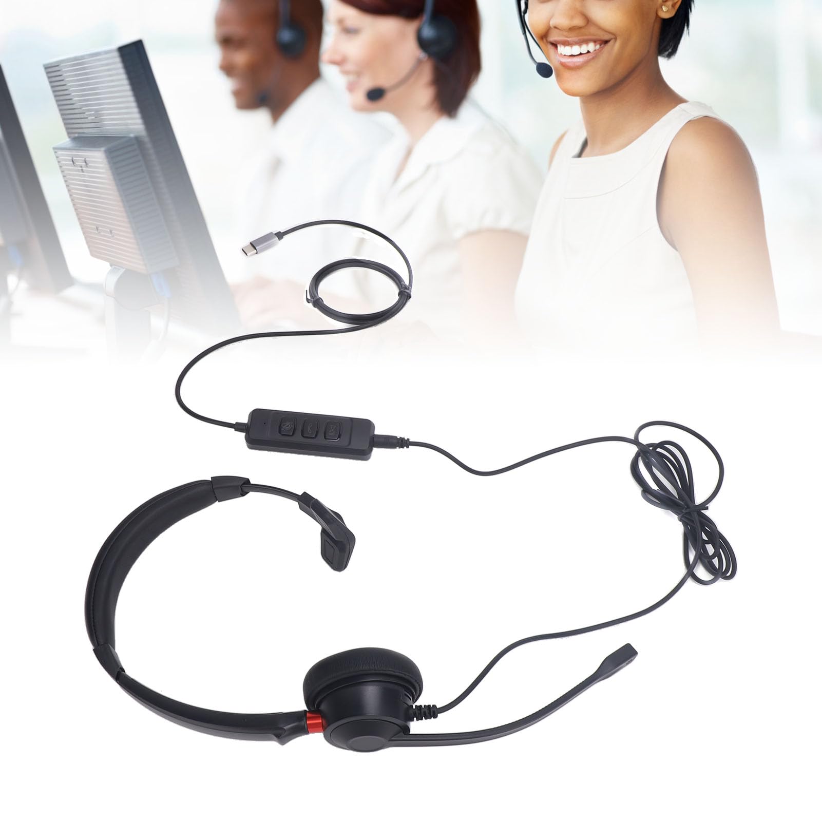 Single Ear Headset with Built-in Microphone - Lightweight & Comfortable USB-C/USB/3.5mm Headphones for PC, Laptop, Smartphone & Tablet - Perfect for Home Office, Call Centers & Teleconferencing