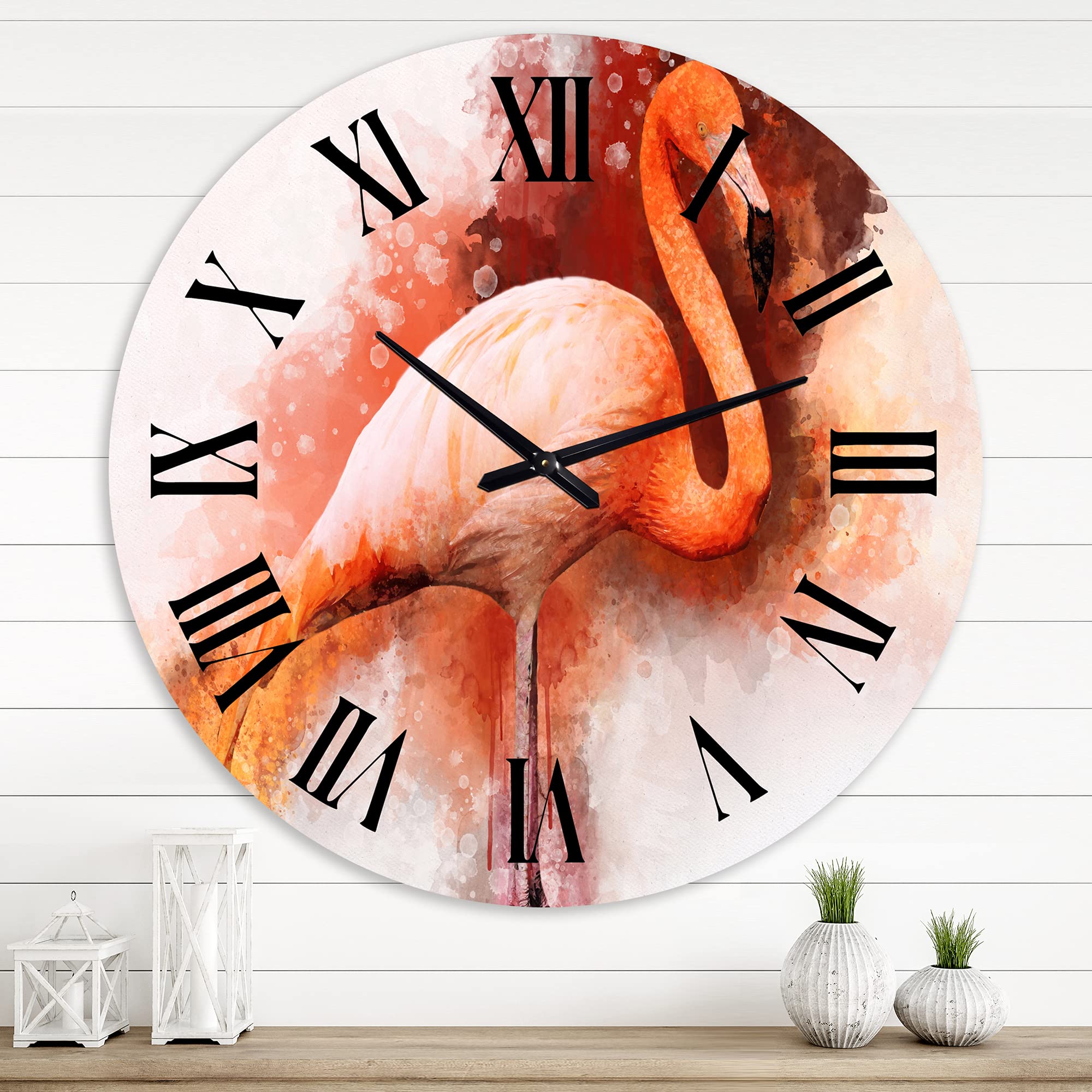 DesignQ Farmhouse Wall Clock - Large Pink Flamingo Portrait Wall Decor for Living Room, Office & Home | Rustic Animal-Themed Clock for Kitchen, Bedroom & Dining Room