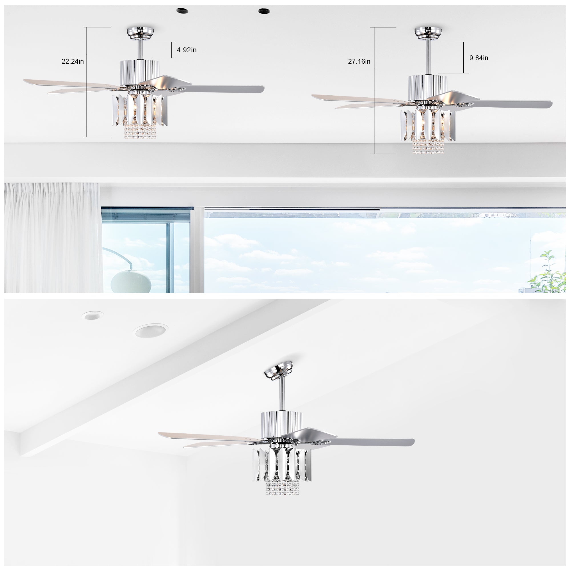 Crystal Ceiling Fan with Reversible Blades, 3 Wind Speeds & Remote Control - Perfect for Bedroom, Living Room & Dining Room (Chrome Finish) | Modern Cooling Solution for Home Comfort