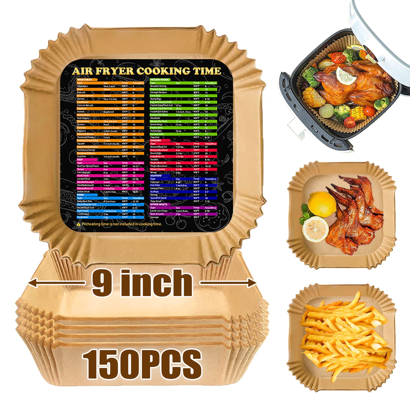 Non-Stick Air Fryer Paper Liners 150Pcs - 9 Inch Square Parchment Sheets for COSORI 6Qt & Ninja AF141 (Fits 5-8QT Models) | Oil Resistant, Disposable Baking Pads for Healthier Cooking - Perfect for Roasting, Frying & Reheating Foods