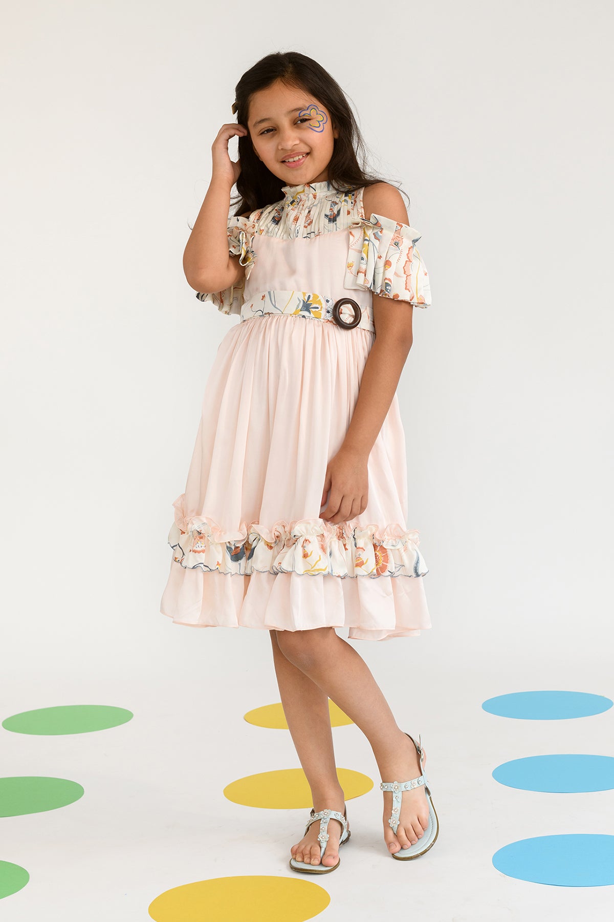 Ribbon of Moonlight Girls' Round Neck Pleated Sleeves Dress - Perfect for Birthday Parties, School Events & Special Occasions