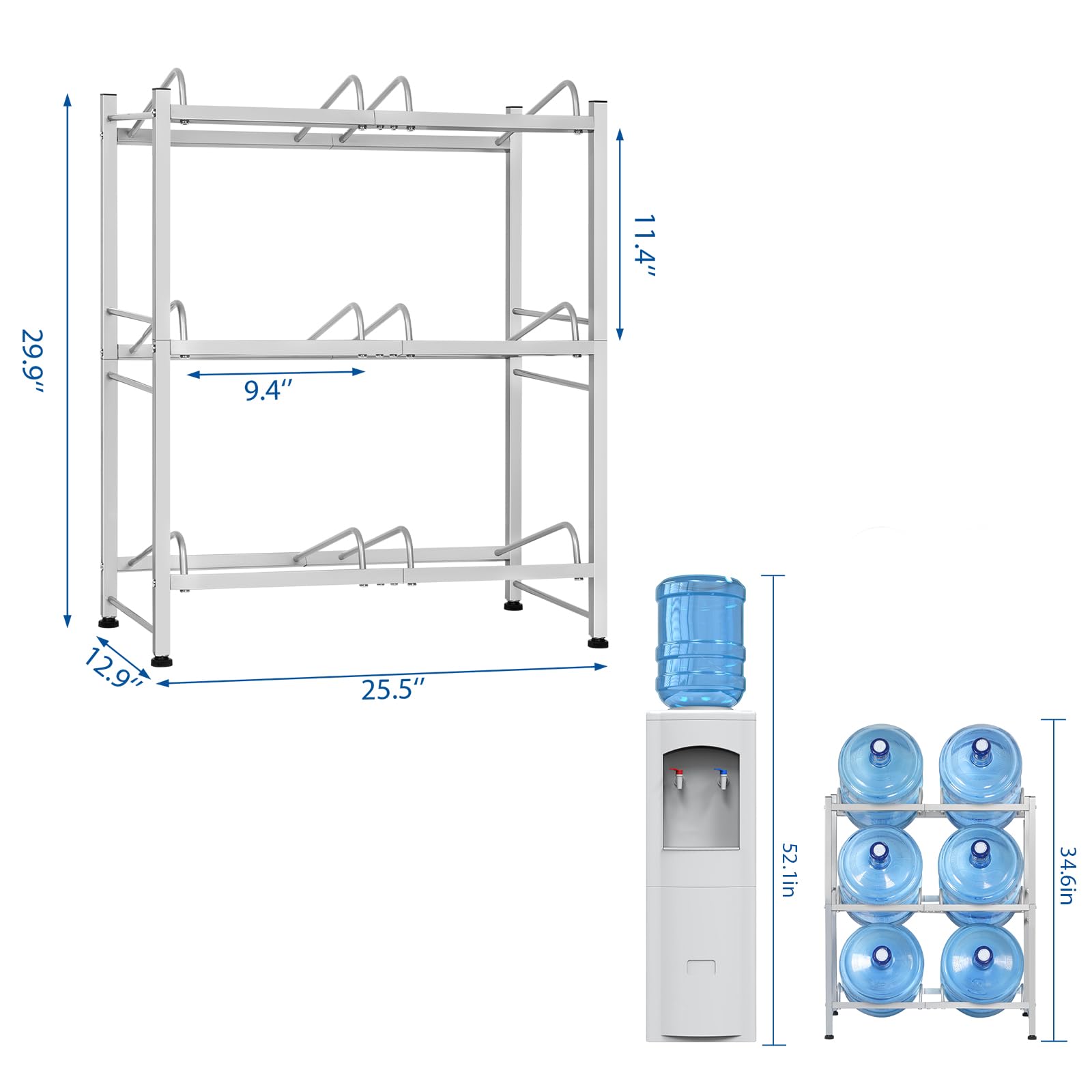 5 Gallon Water Jug Rack - Heavy Duty 3-Tier Storage Stand for Small Spaces & Room Corners - Holds 6 Bottles (Silver) - Perfect for Home & Office Hydration Stations
