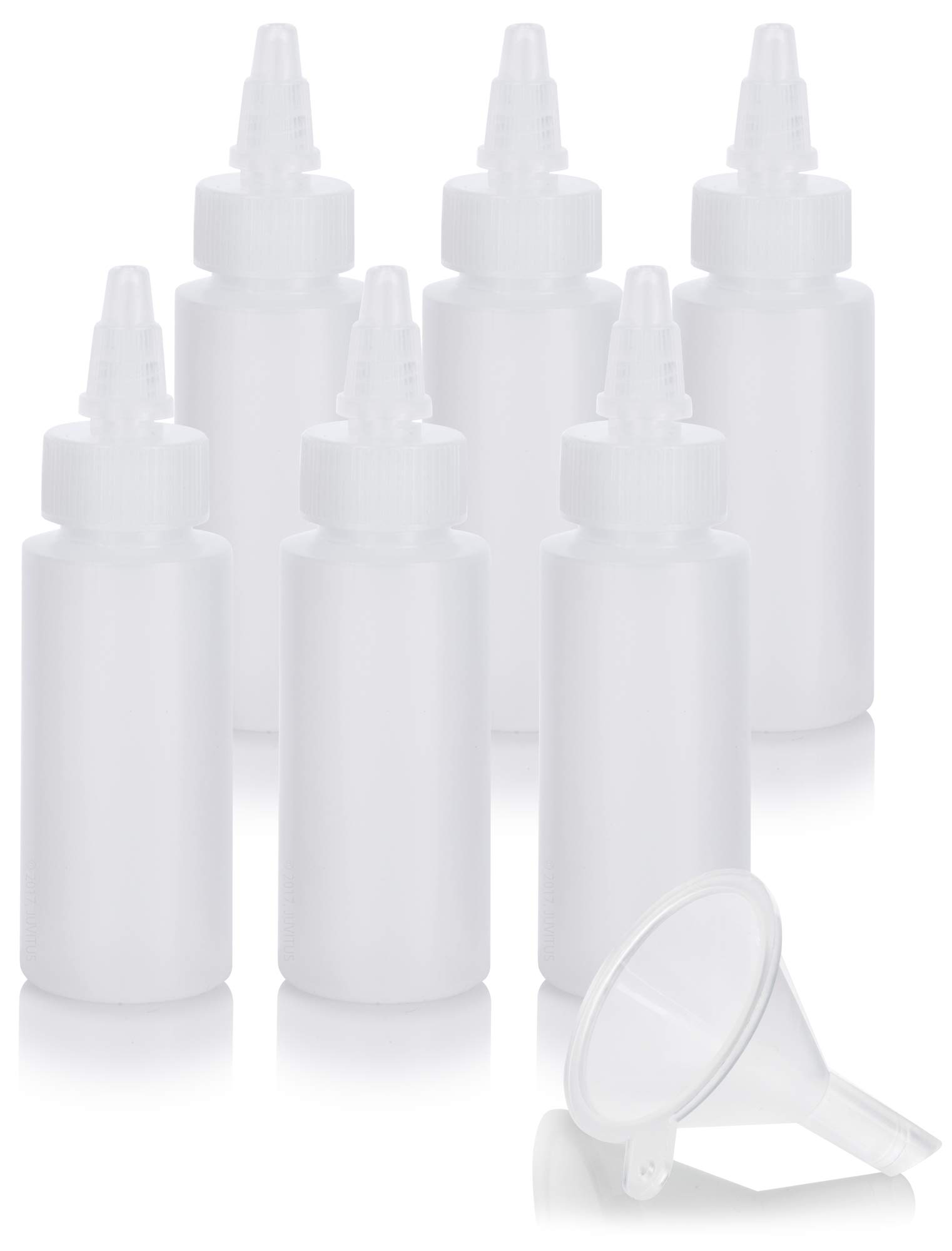 JUVITUS 6 Pack 2 oz Clear Plastic Squeeze Bottles with Twist Top Spout & Funnel - Leak Proof Travel Containers for Liquids, Cosmetics, Essential Oils, Kitchen & DIY Projects