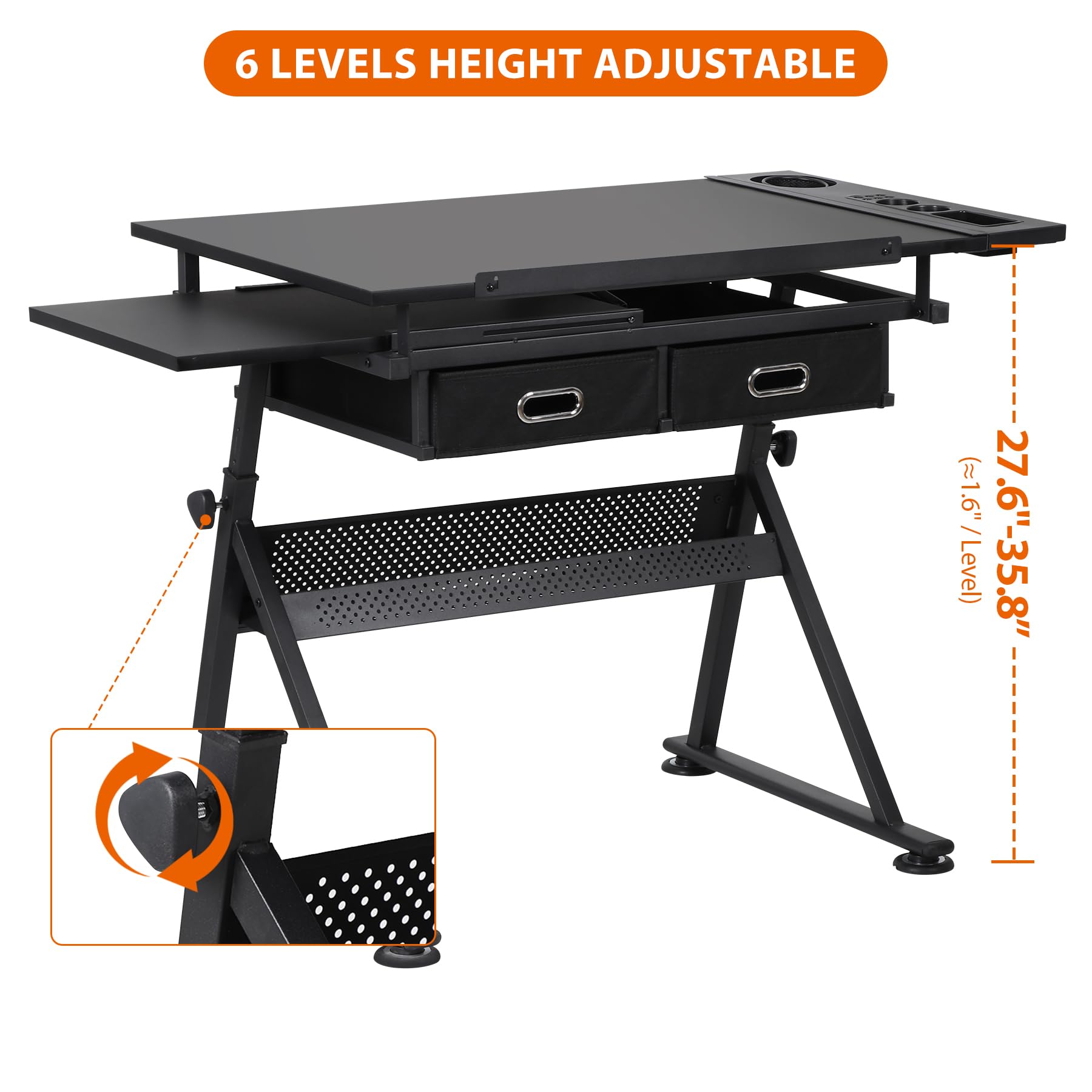 Adjustable Height Drafting Desk with 2 Storage Drawers - Ergonomic Drawing Table for Artists, Architects & Home Office Work - Perfect for Painting, Sketching & Remote Work - Black