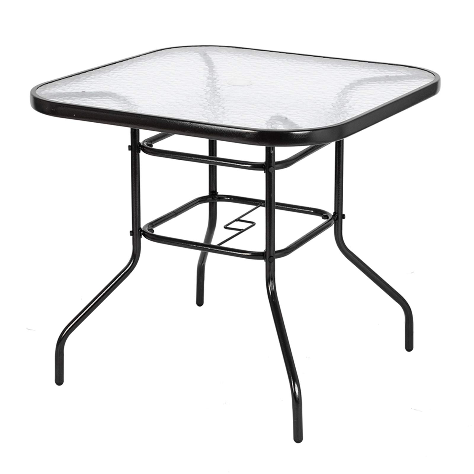 32 Inch Round Patio Glass Top Table with Umbrella Hole - Outdoor Bistro Dining Table, Metal Side Table for Backyard, Garden, Balcony - Durable Outdoor Furniture for Dining, Lounging & Entertaining