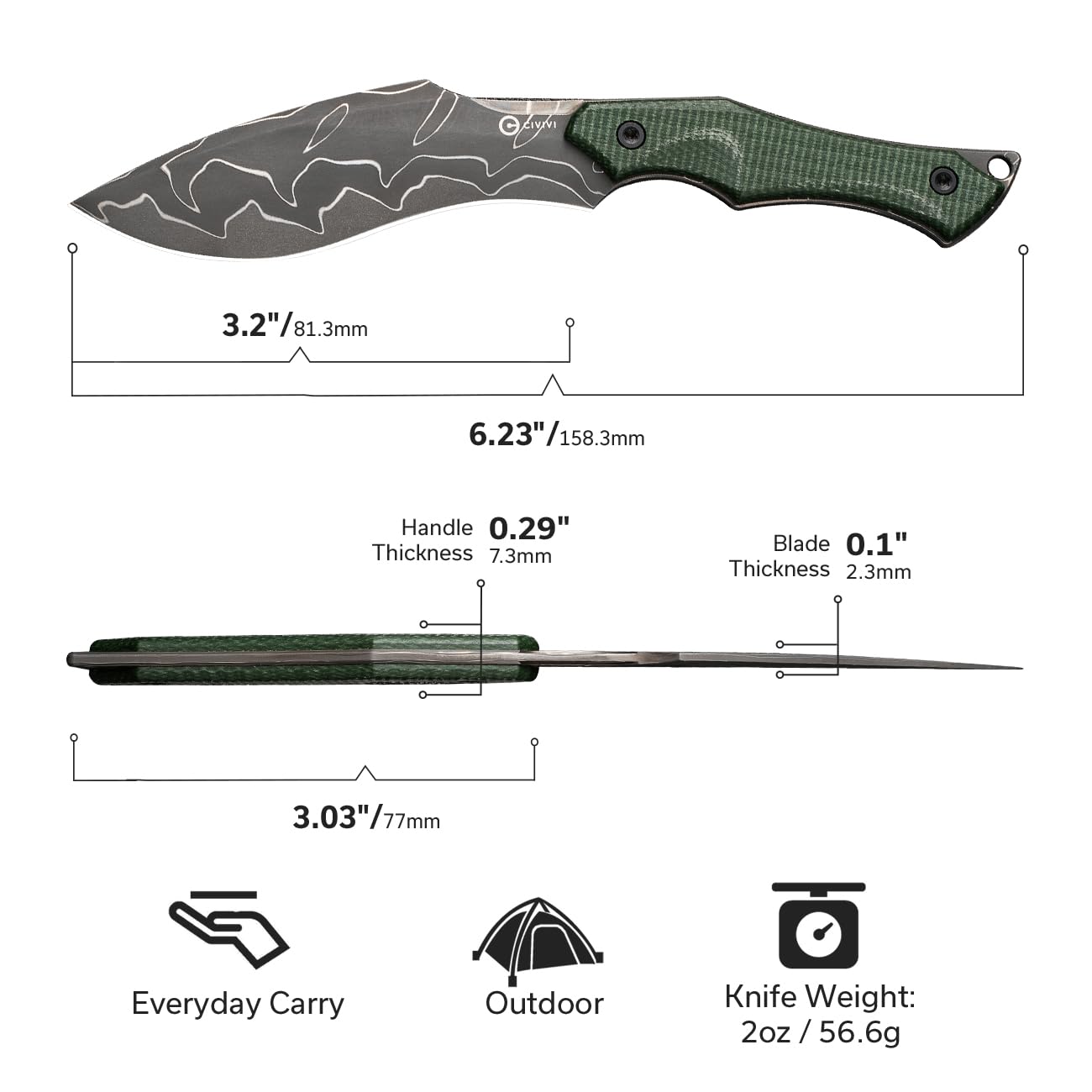 CIVIVI Vaquita II Fixed Blade Knife - EDC Tactical Knife for Outdoor Camping, Hunting & Survival Gear | High Carbon Steel with Sheath
