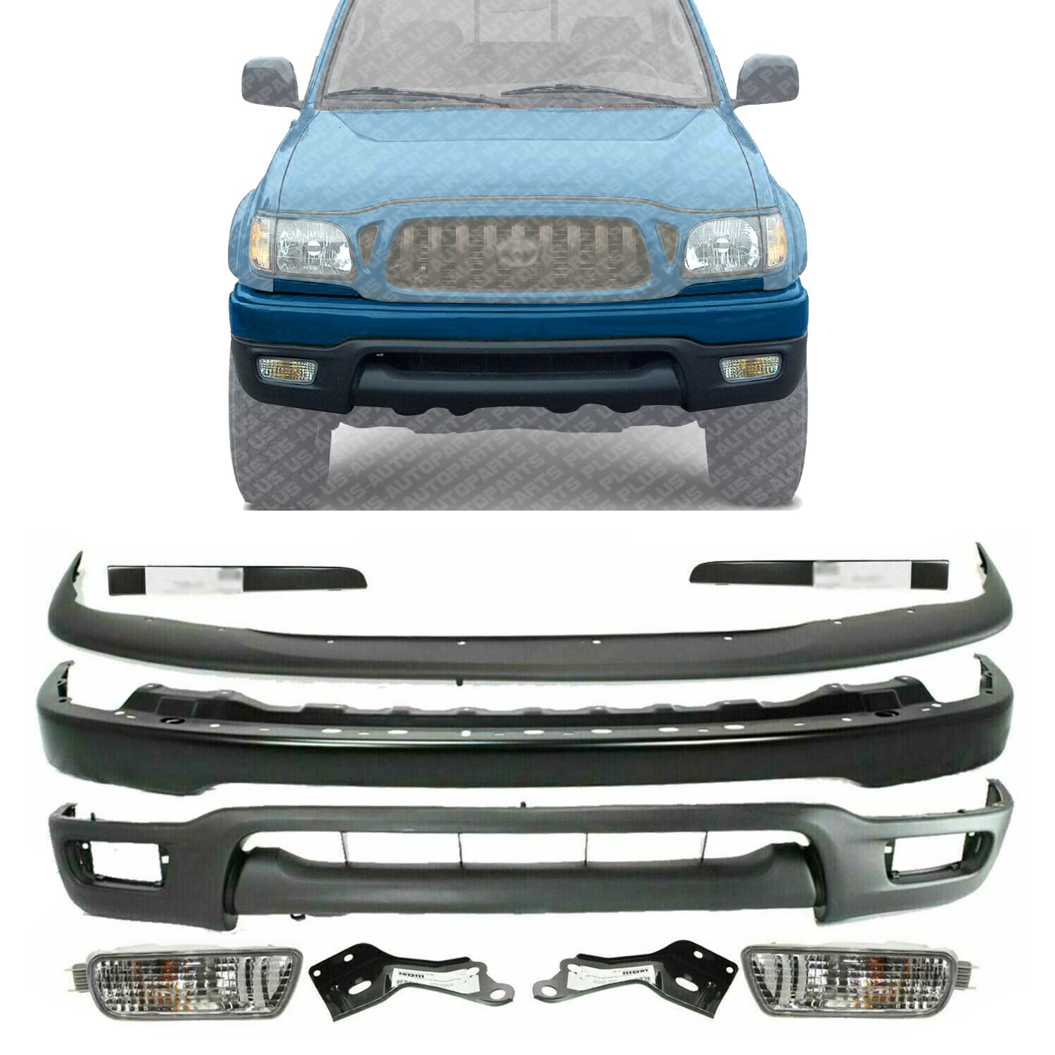 **2001-2004 Toyota Tacoma Front Bumper Replacement Kit – Primed Upper Filler, Lower Valance Panel, Fog Lights & Brackets (Left Driver & Right Passenger Side) – Direct Fit for Off-Road & Daily Driving**