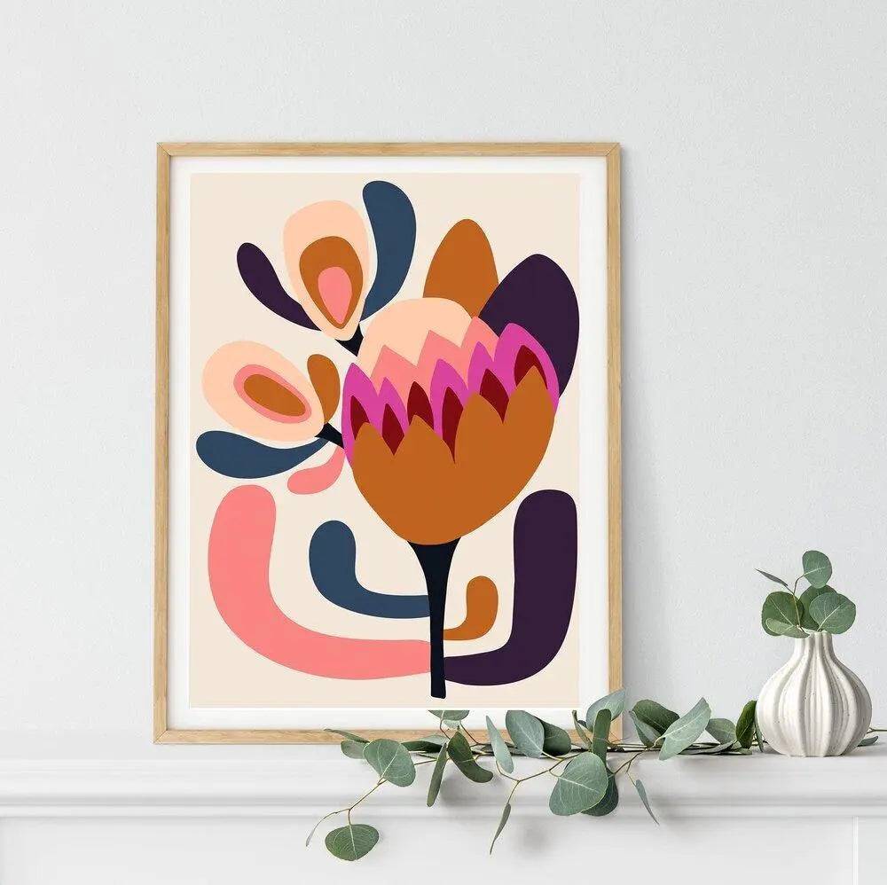 Modern Protea Wall Art Print - Vibrant Floral Canvas Painting for Home & Office Decor - Perfect for Living Room, Bedroom, and Workspace