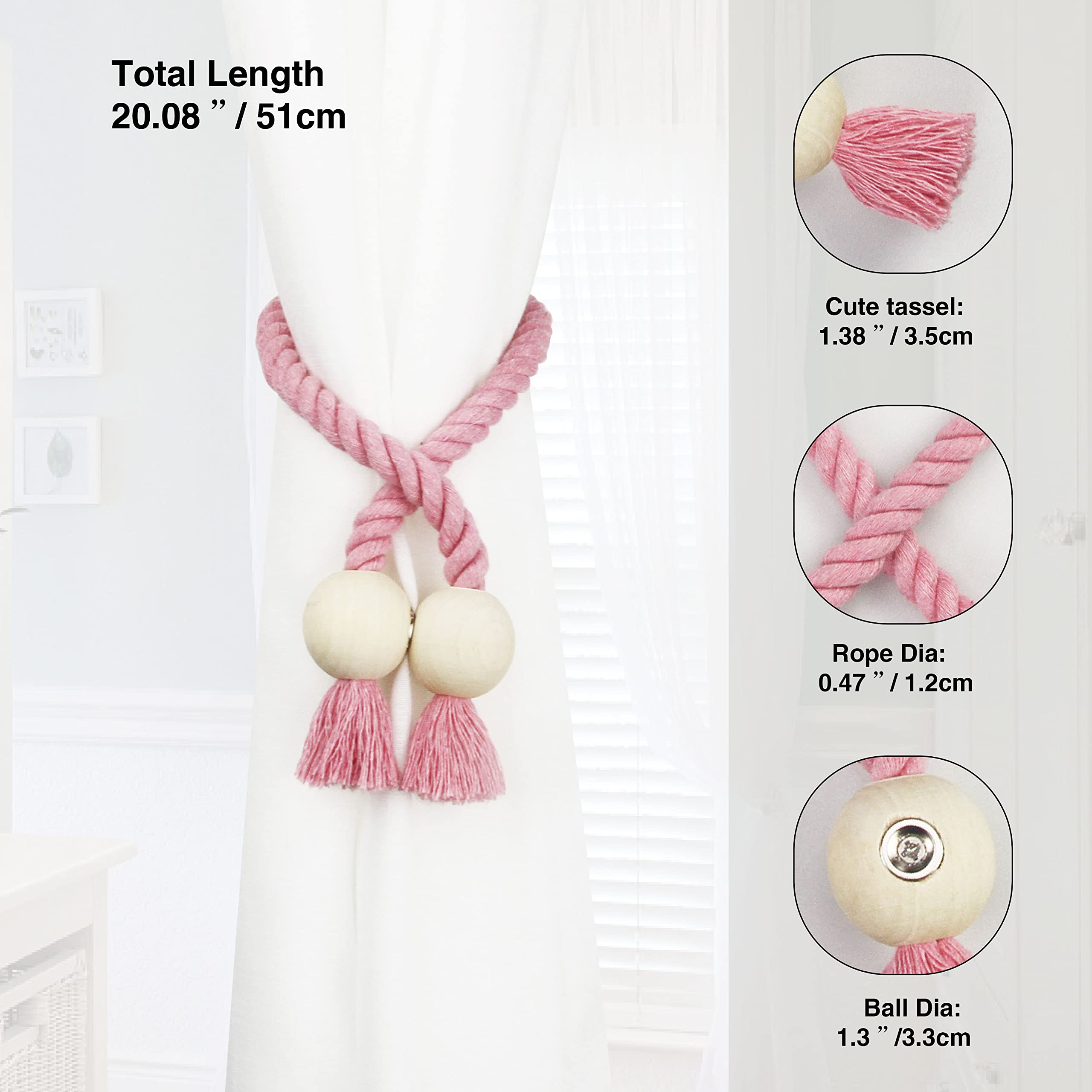 2 Pack Magnetic Cotton Hand Woven Curtain Tie Backs - Decorative Rope Holdbacks for Drapes & Curtains, No Tools Required, Pink - Perfect for Living Room, Bedroom & Window Decor