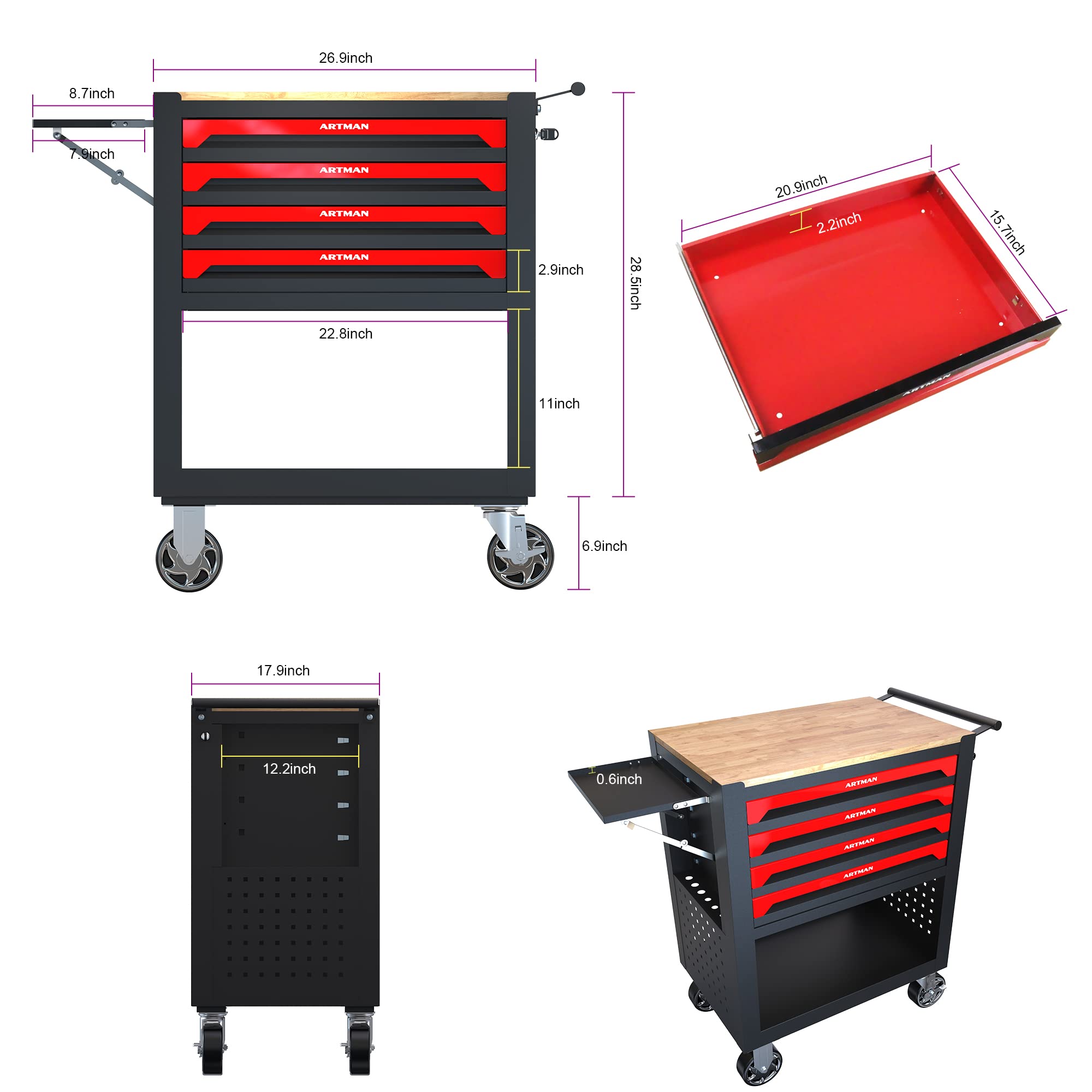 Pouseayar 4-Drawer Rolling Tool Cart with Lockable Drawers & Wooden Top - Heavy Duty Mobile Tool Storage Organizer for Garage, Workshop, Warehouse | Perfect for Mechanics, DIY Projects & Home Repairs