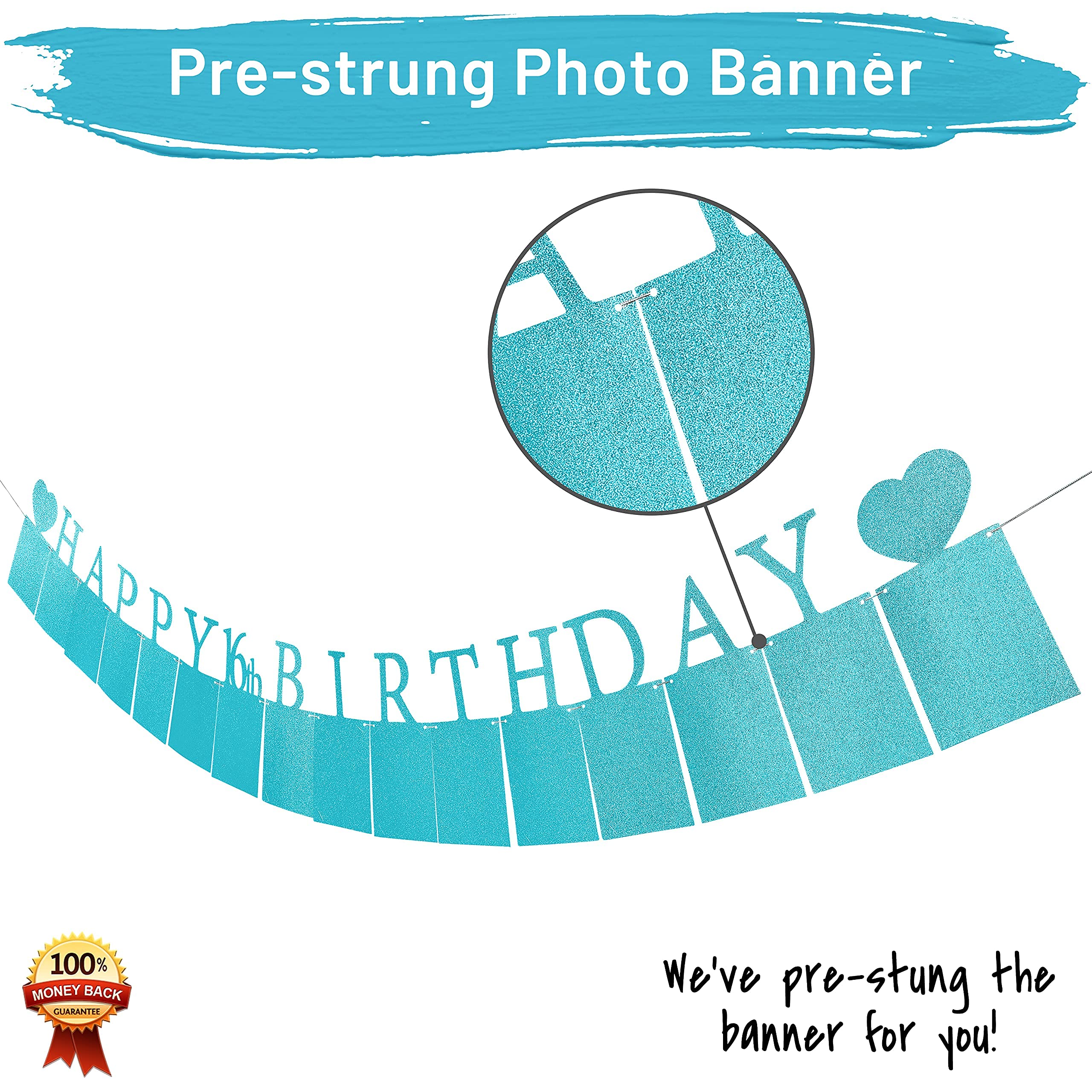 Blue Sweet 16 Birthday Party Decorations - Pre-assembled Photo Banner with 16 Card Frames & Signs - Perfect for Girls' Milestone Birthday Celebrations, Sweet 16 Parties, and Memorable Photo Backdrops