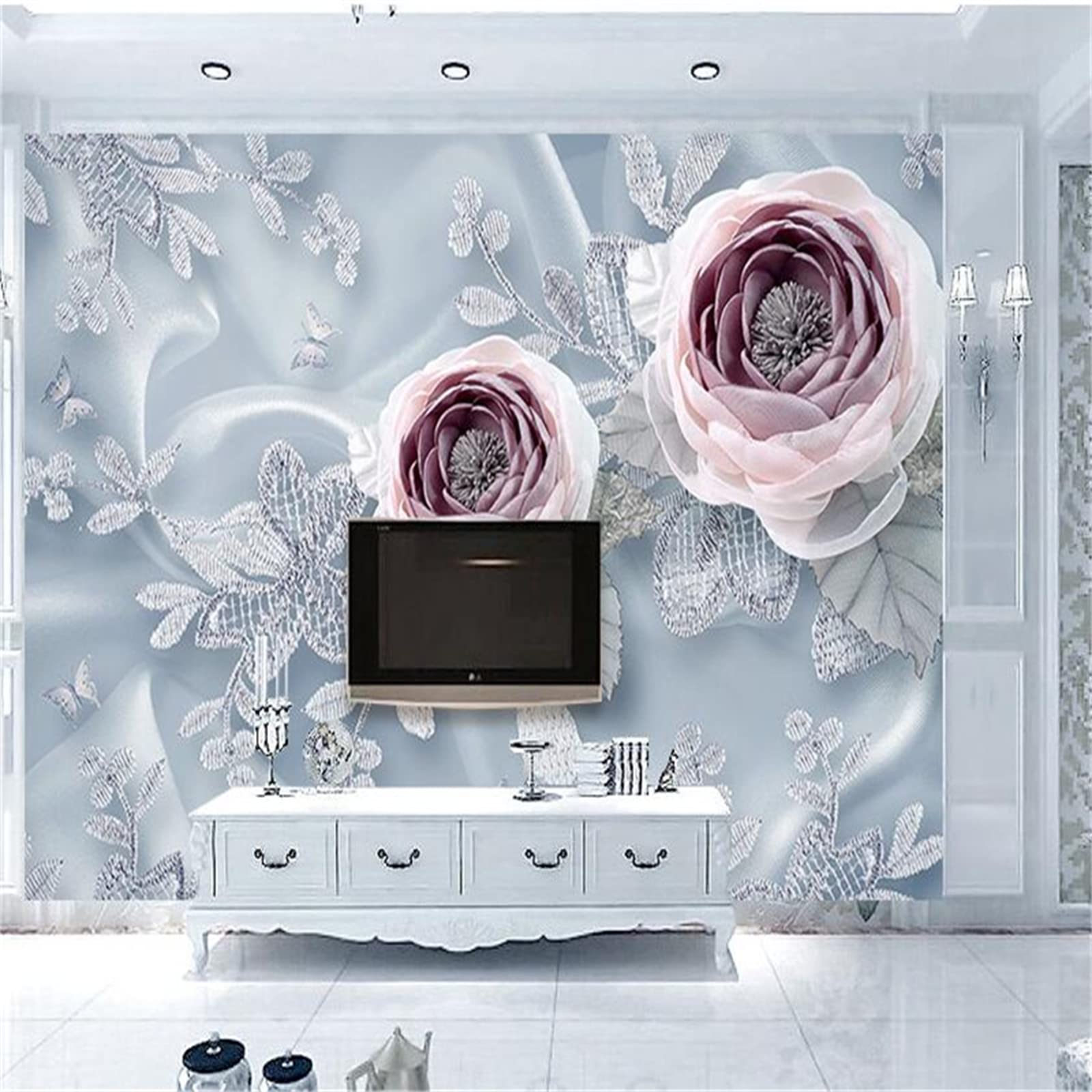 Silver Silk Lace Flower Wall Mural - Non-Self-Adhesive Wallpaper | Waterproof, Durable Wall Sticker for Wedding Decor, TV Background, Living Room & Bedroom (118