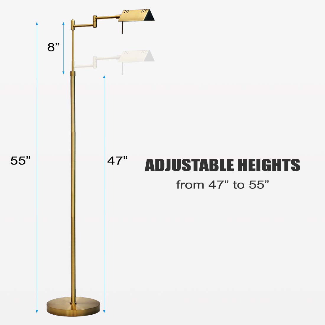 O'Bright Adjustable LED Pharmacy Floor Lamp - 12W Dimmable Standing Light with 360° Swing Arms & Height Adjustment - Antique Brass (Gold) - Perfect for Reading, Sewing, Crafts & Home Office - ETL Certified