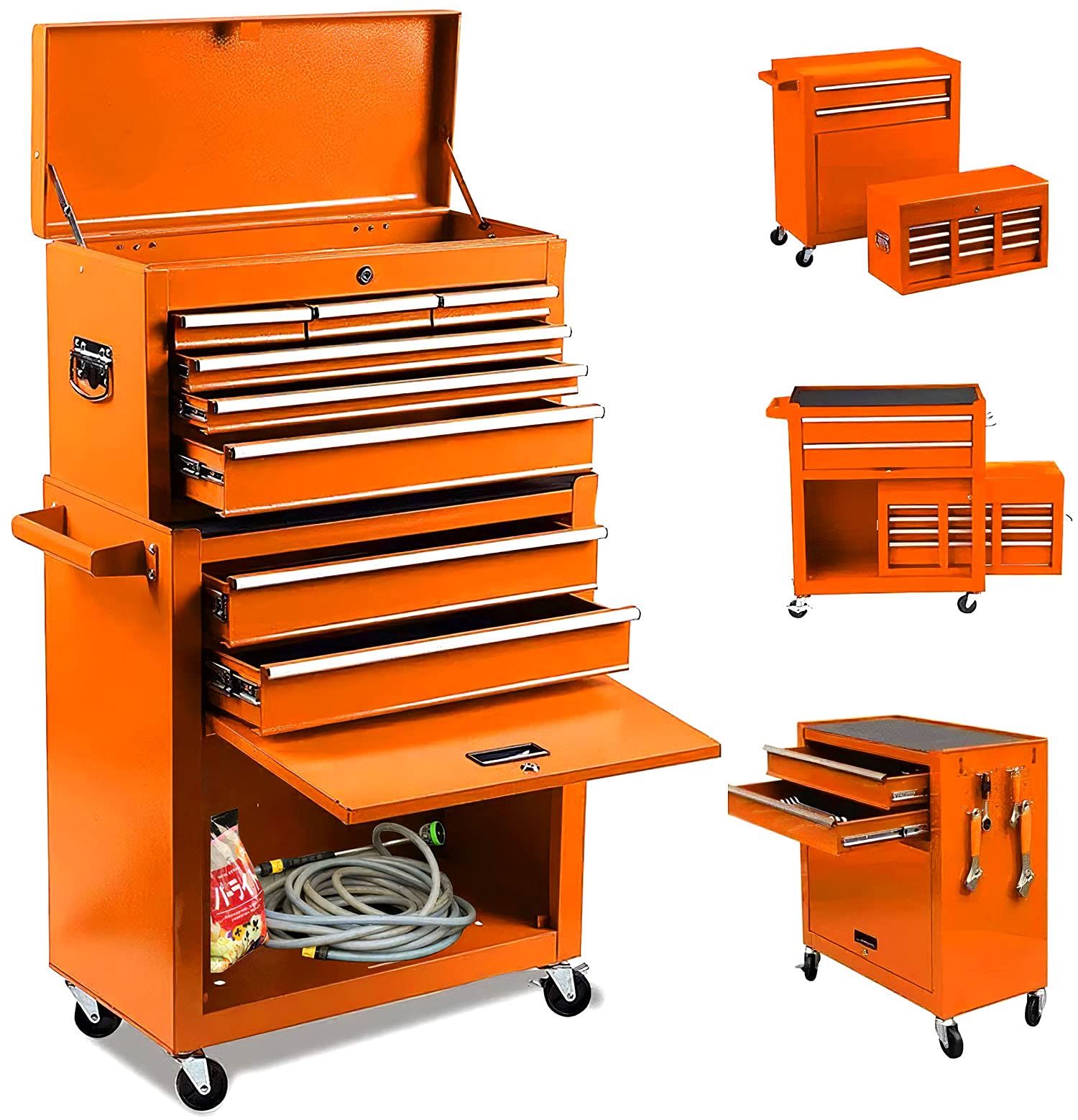 8-Drawer Heavy Duty Rolling Tool Chest Organizer - Removable Tool Storage Cabinet with Lock & Wheels - Portable Tool Box for Garage, Workshop, Warehouse & Repair Shop - Ideal for Mechanics, DIY & Professional Use (Orange)