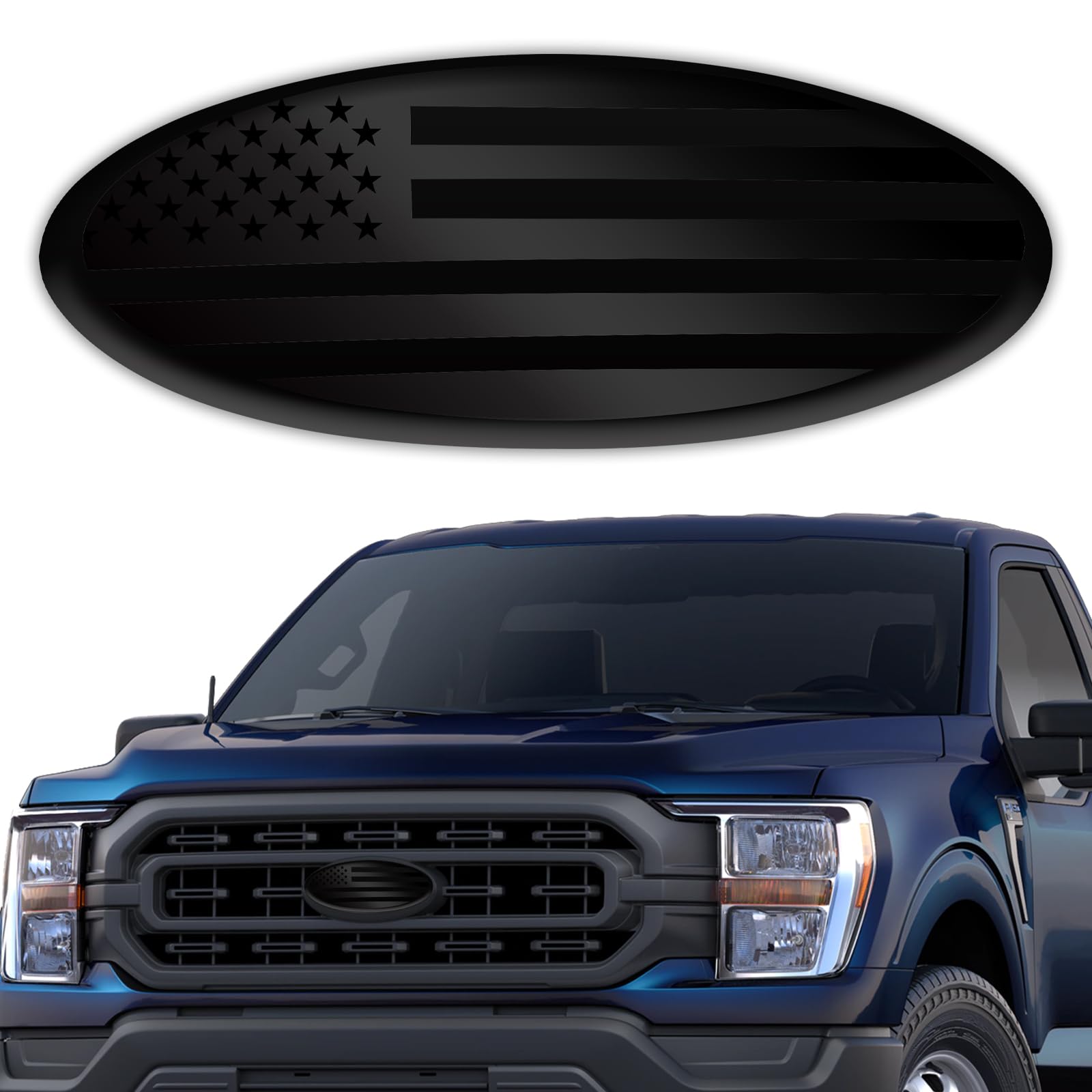 Ford F150 F250 F350 Black American Flag 9-Inch Front Grill & Tailgate Emblem - Aluminum Oval Overlay Decal Badge for Ford Trucks - Perfect for Off-Roading, Truck Shows & Patriotic Display