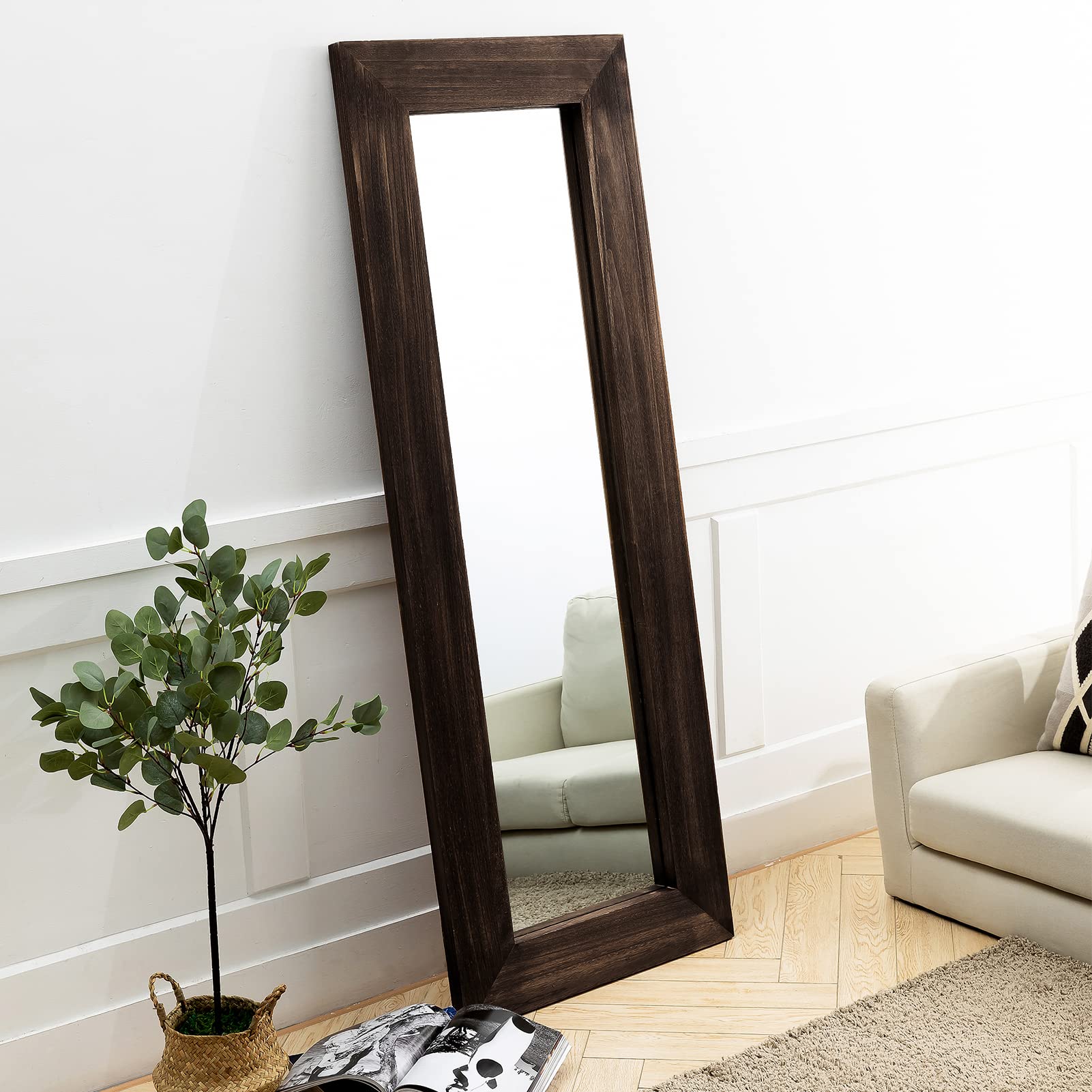 MAXYOYO Rustic Wood Floor Mirror Full Length 63x24 Inches - Large Wall Mirror for Bathroom, Living Room & Bedroom - Full Body Dressing Mirror with Leaning/Wall Mount Design - Perfect for Home Decor, Outfit Checks & Space Enhancement