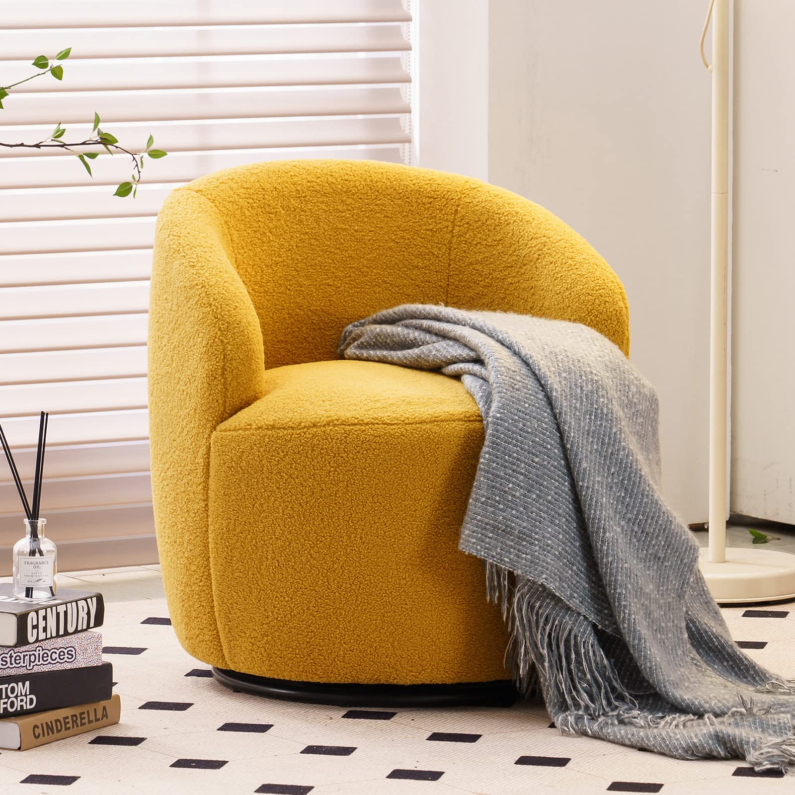 360° Swivel Barrel Chair - Modern Round Accent Chair for Living Room, Bedroom & Hotel Lounge - Comfy Teddy Velvet Club Chair (Yellow) | Perfect for Reading Nook, Home Office & Waiting Areas