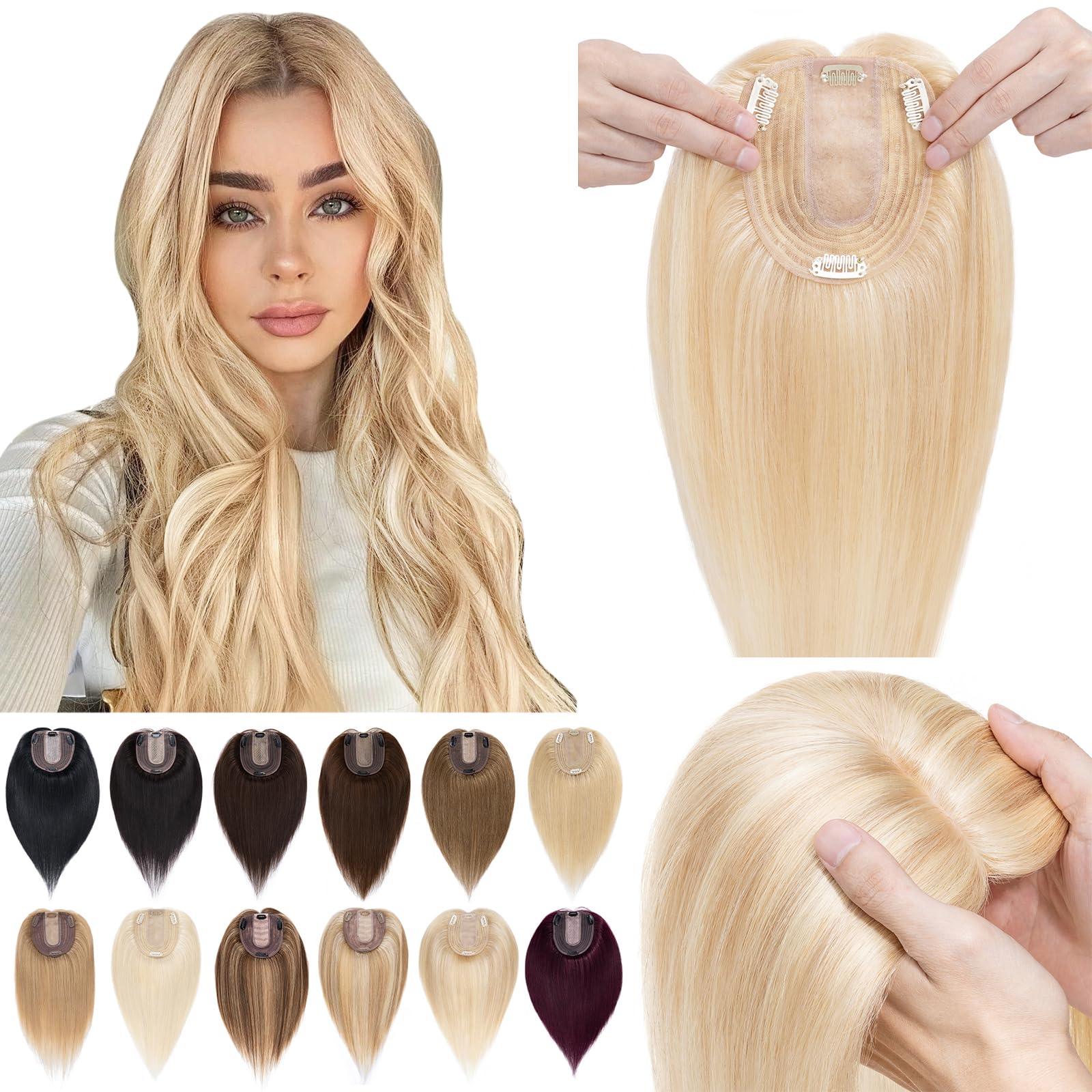 SEGO Real Human Hair Toppers for Women - No Bangs, 130% Density, 10x12cm Silk Base, 100% Remy Human Hair Clip-in Top Wiglet for Thinning Hair (10 Inch, Ash Blonde & Bleach Blonde) - Perfect for Daily Wear, Parties & Special Occasions