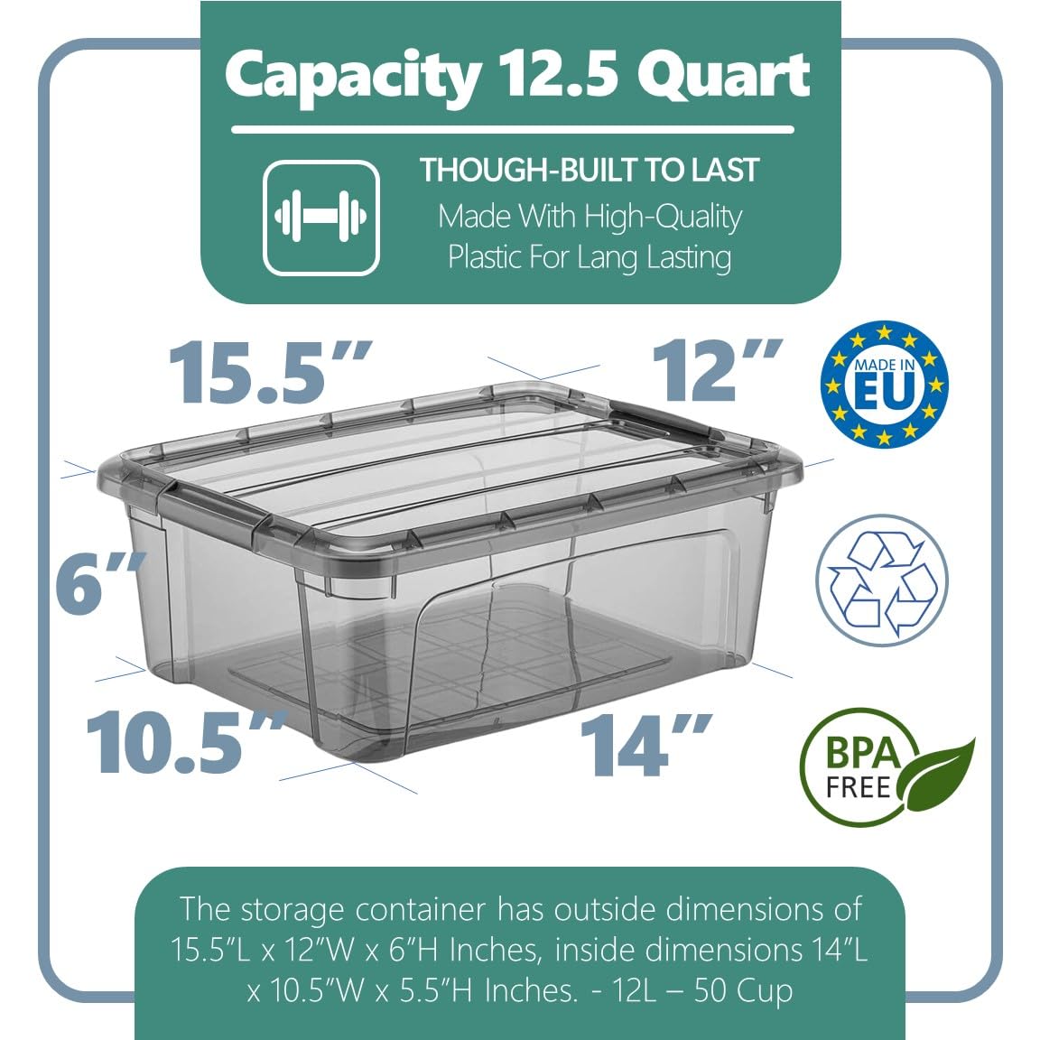 Tribello 12.5 Quart Plastic Storage Bins with Latching Lids - Set of 2 (15.5