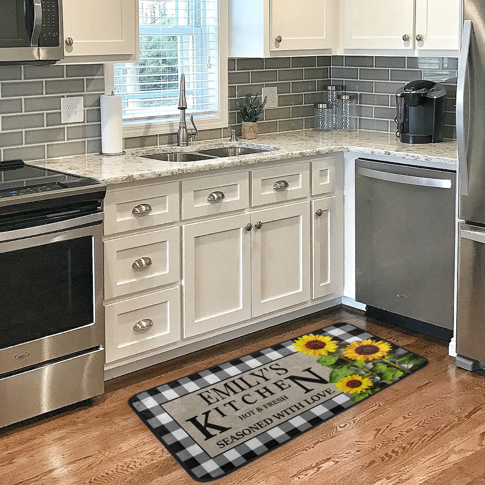 Non-Slip White Buffalo Plaid Kitchen Rug - Cushioned Anti-Fatigue Farmhouse Floor Mat with Sunflower Design (39x20 Inches) - Perfect for Kitchen, Laundry Room & Standing Work Areas | Personalized Home Decor Gift
