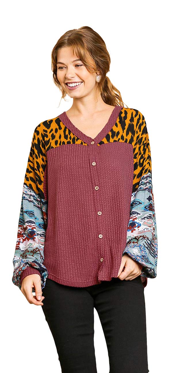 umgee USA Women's Aztec & Animal Print Button Front Waffle Knit Top - Stylish Casual Blouse for Everyday Wear, Work & Date Nights