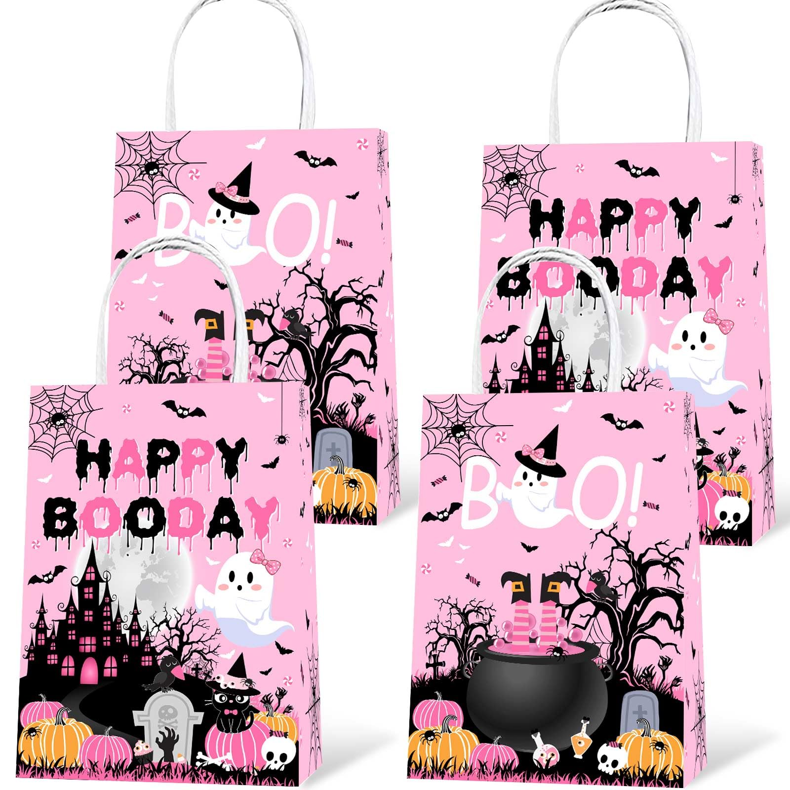 Lecheme 24-Pack Pink Halloween Paper Bags - Happy Booday Trick or Treat Candy Bags for Halloween Parties, Birthday Favors & Gift Giving (Perfect for Classroom Treats, Neighborhood Halloween Events & Party Decorations)