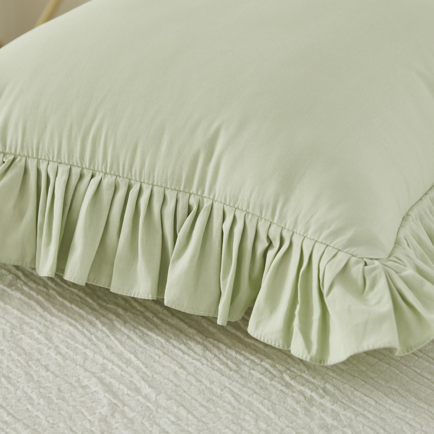 Lemfux Decorative Pillow Covers - Set of 2 Green Euro Shams 20x20 Inch, 100% Cotton Shabby Chic Pillowcases for Sofa, Bed & Couch - Coquette Style Home Decor