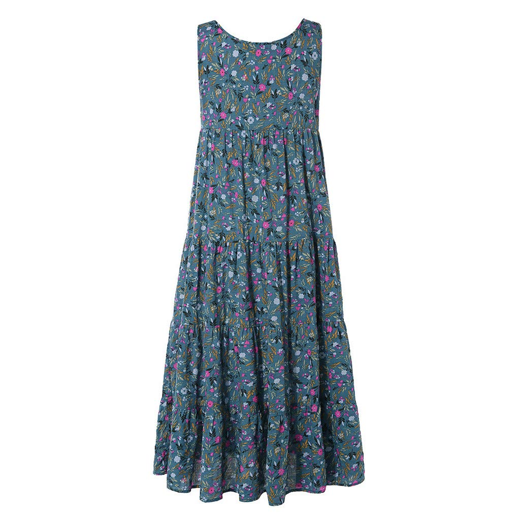 Women's Flowy Comfortable Cotton Linen Dress - Summer Boho Floral Maxi Dress with Loose Sleeveless Design for Casual Wear, Beach Vacation & Outdoor Activities