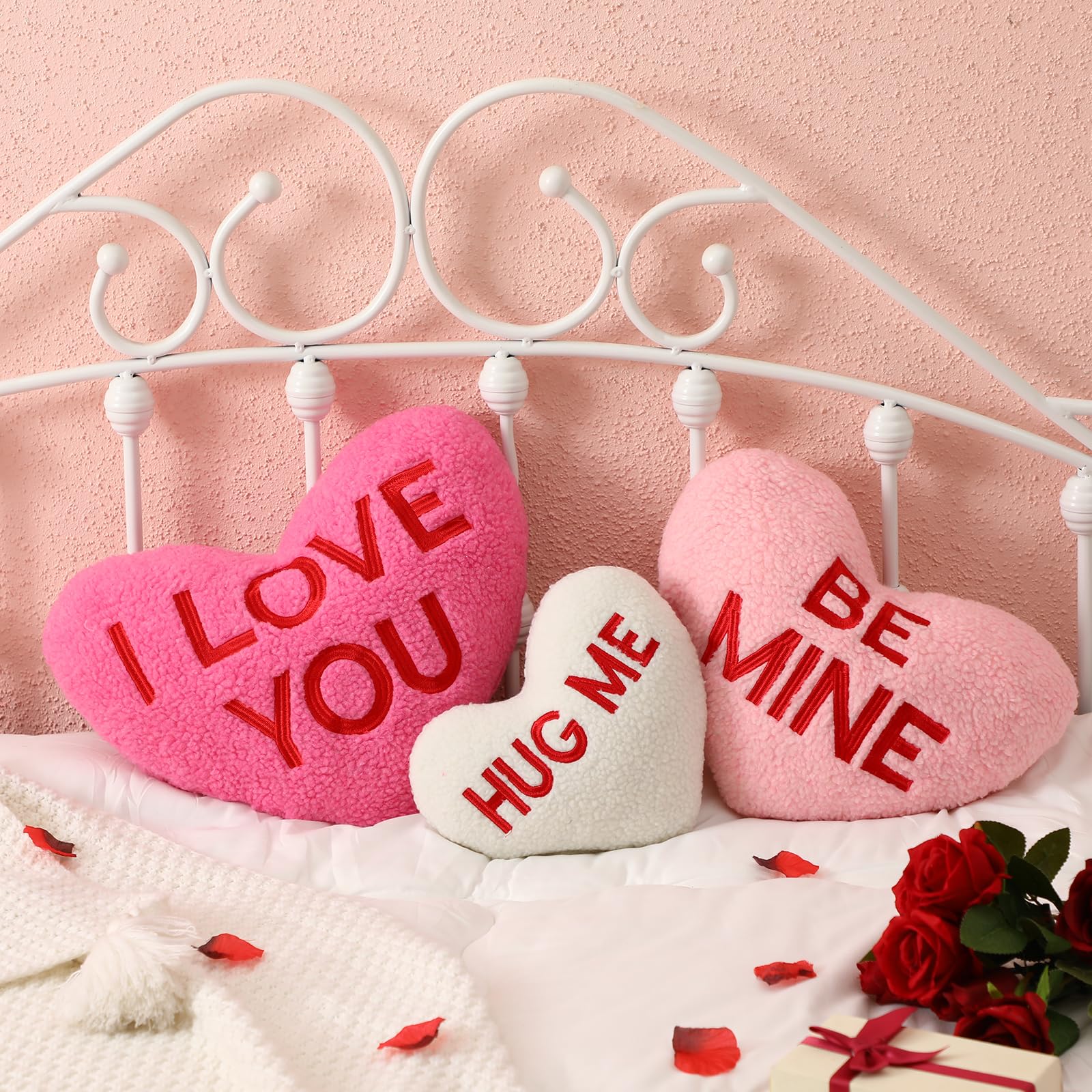3-Piece Sherpa Valentine's Day Heart Shaped Throw Pillow Set - Red & Pink Fluffy Love Decorative Cushions for Bed, Sofa, Couch - Aesthetic Coquette Room Decor & Romantic Gift Idea (Printed Heart Design) - Perfect for Valentine's Gifts, Anniversary Presents & Cozy Home Decor