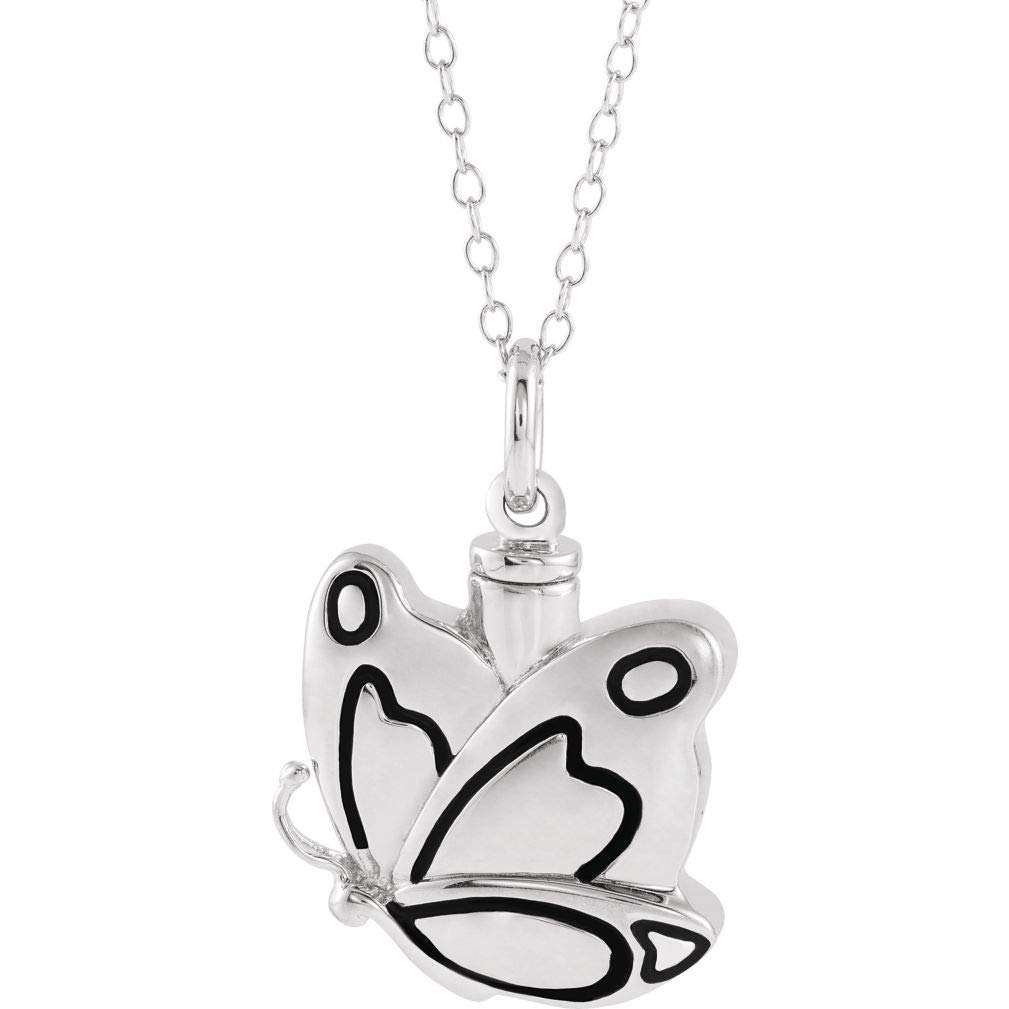 Rhodium Plated Sterling Silver Memorial Butterfly Cremation Urn Necklace - 18