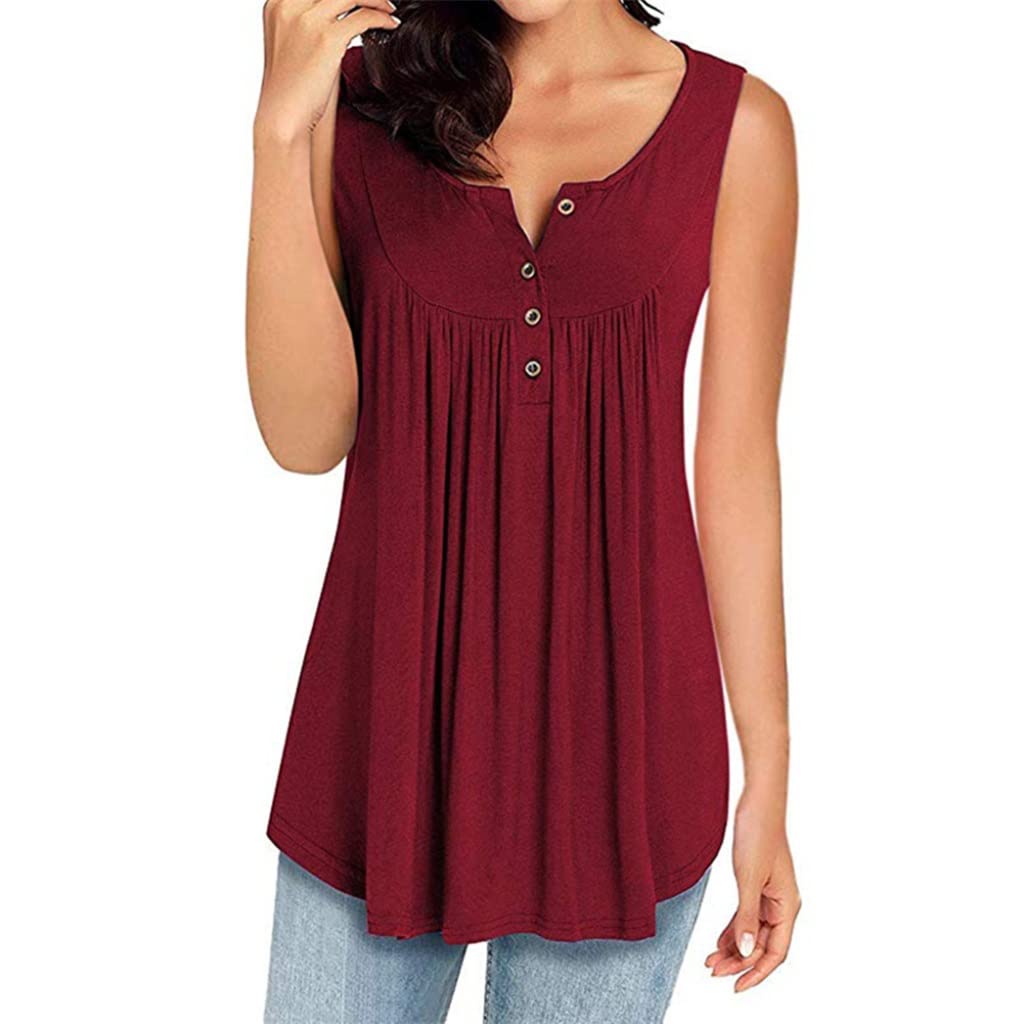 BAPYZ Women's Casual Solid Color Button Pleated Loose Sleeveless Tank Top - Summer Vest Shirt (Red, Size S) | Perfect for Beach, Vacation & Everyday Wear
