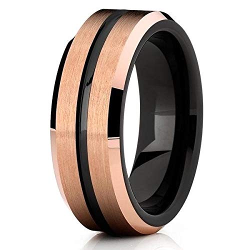 18K Rose Gold & Black Tungsten Wedding Band for Men - Comfort Fit Engagement Ring - Durable & Stylish for Weddings, Anniversaries & Everyday Wear