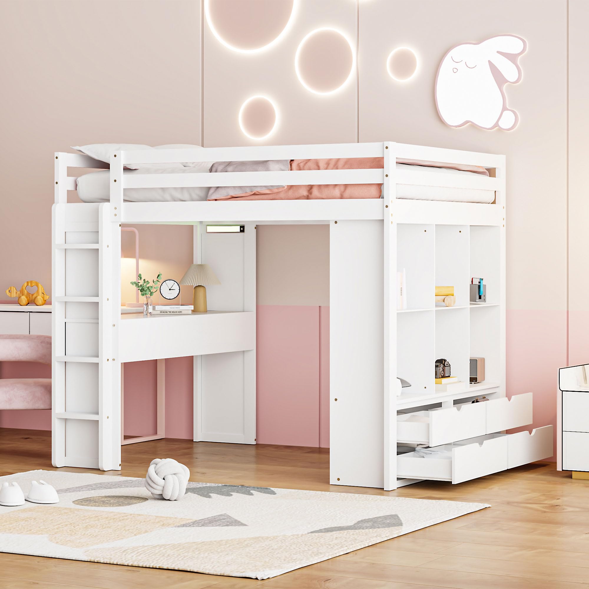 Harper & Bright Designs Full Size Loft Bed with Desk & Storage Shelves - White Wooden High Loft Bed Frame with LED Lights for Kids, Teens, Boys & Girls - Perfect for Small Bedrooms, Dorm Rooms & Space-Saving Kids' Rooms